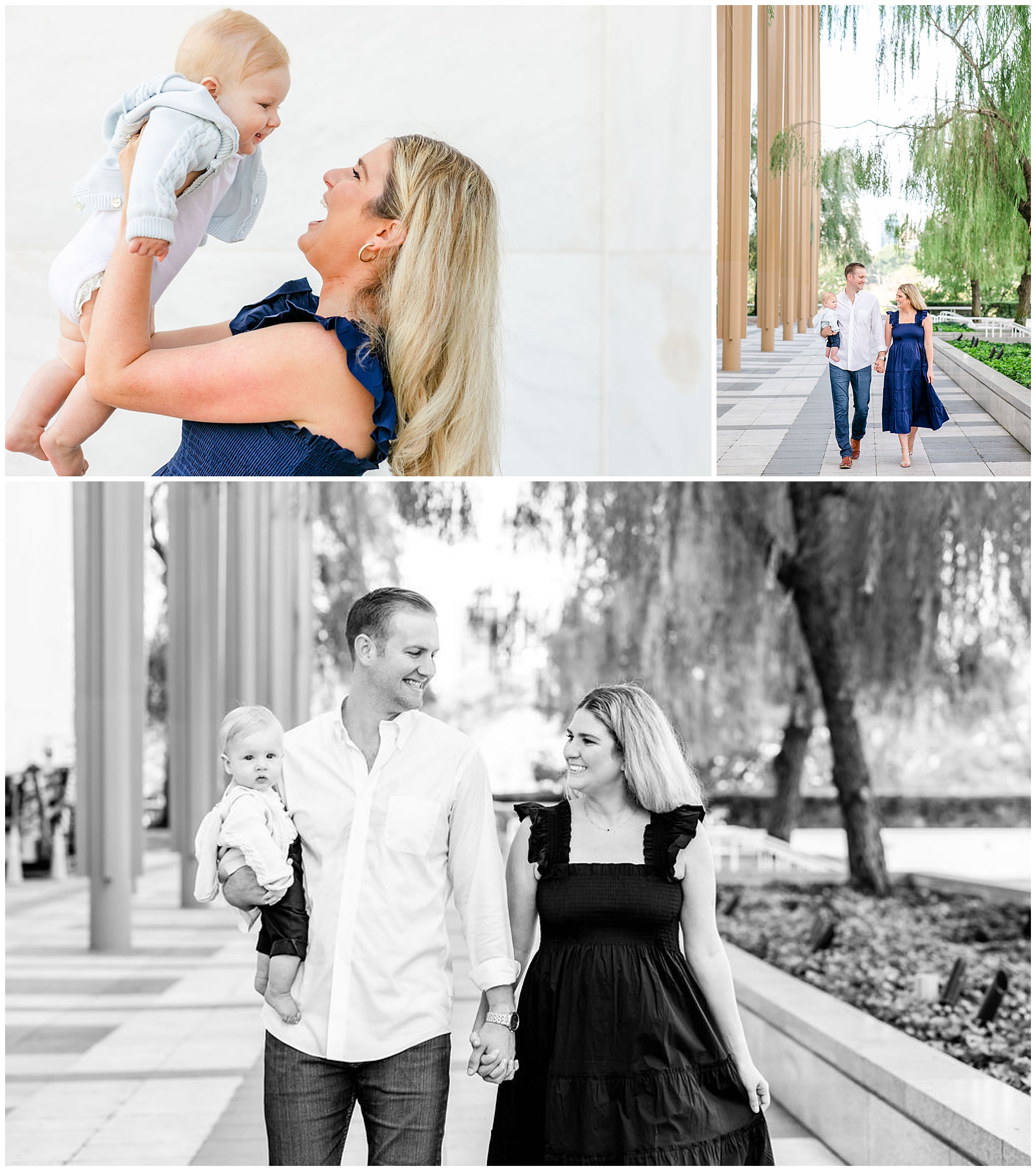 Kennedy Center family portraits, DC family portraits, classic DC family photos, casual family portraits, spring family portraits, Kennedy Center portraits, family of three, couple with baby, Rachel E.H. Photography, black and white, mom holding baby in air, mom holding baby