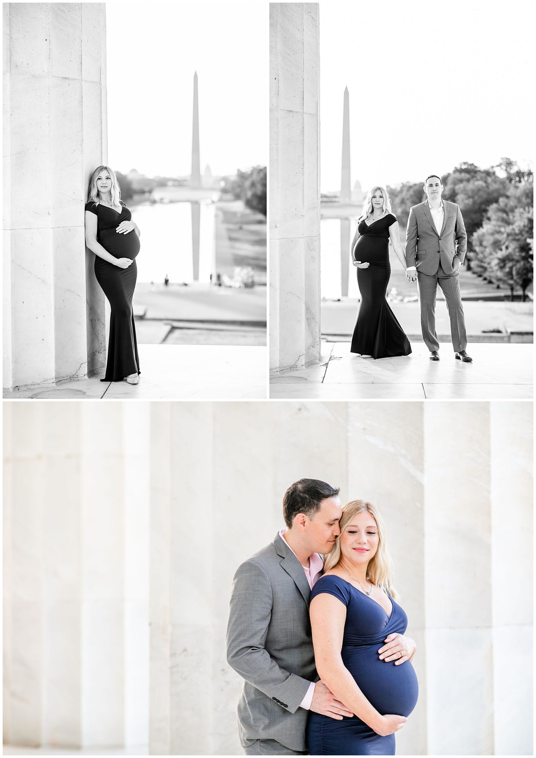 National Mall maternity photos, Lincoln Memorial maternity photos, Constitution Gardens maternity photos, DC maternity photos, DC maternity photographer, classic DC portraits, pregnant couple, natural light maternity photos, Rachel E.H. Photography, black and white, woman against pillar, man hugging woman from behind