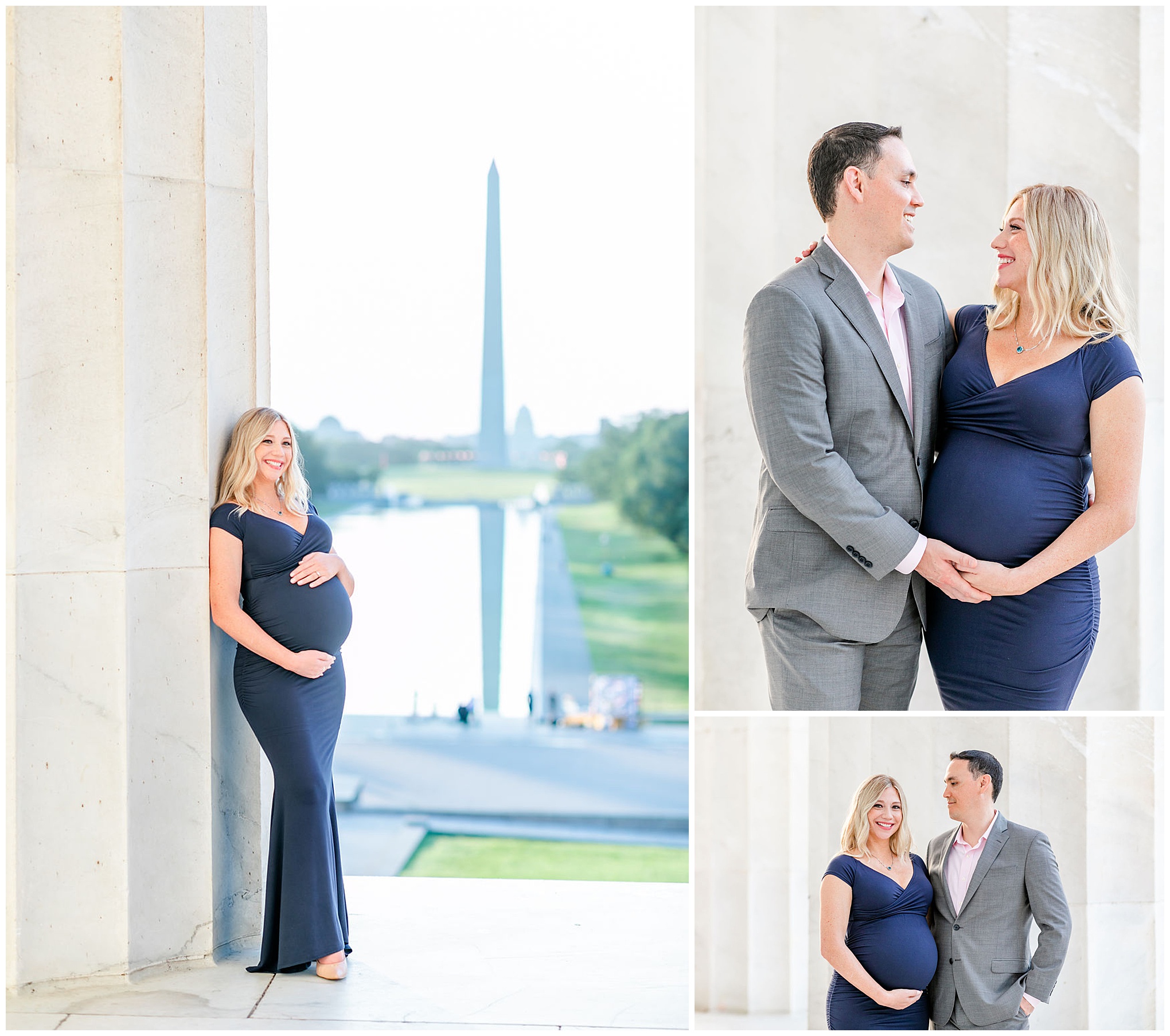 National Mall maternity photos, Lincoln Memorial maternity photos, Constitution Gardens maternity photos, DC maternity photos, DC maternity photographer, classic DC portraits, pregnant couple, natural light maternity photos, Rachel E.H. Photography, woman leaning against pillar, couple with arms around each other