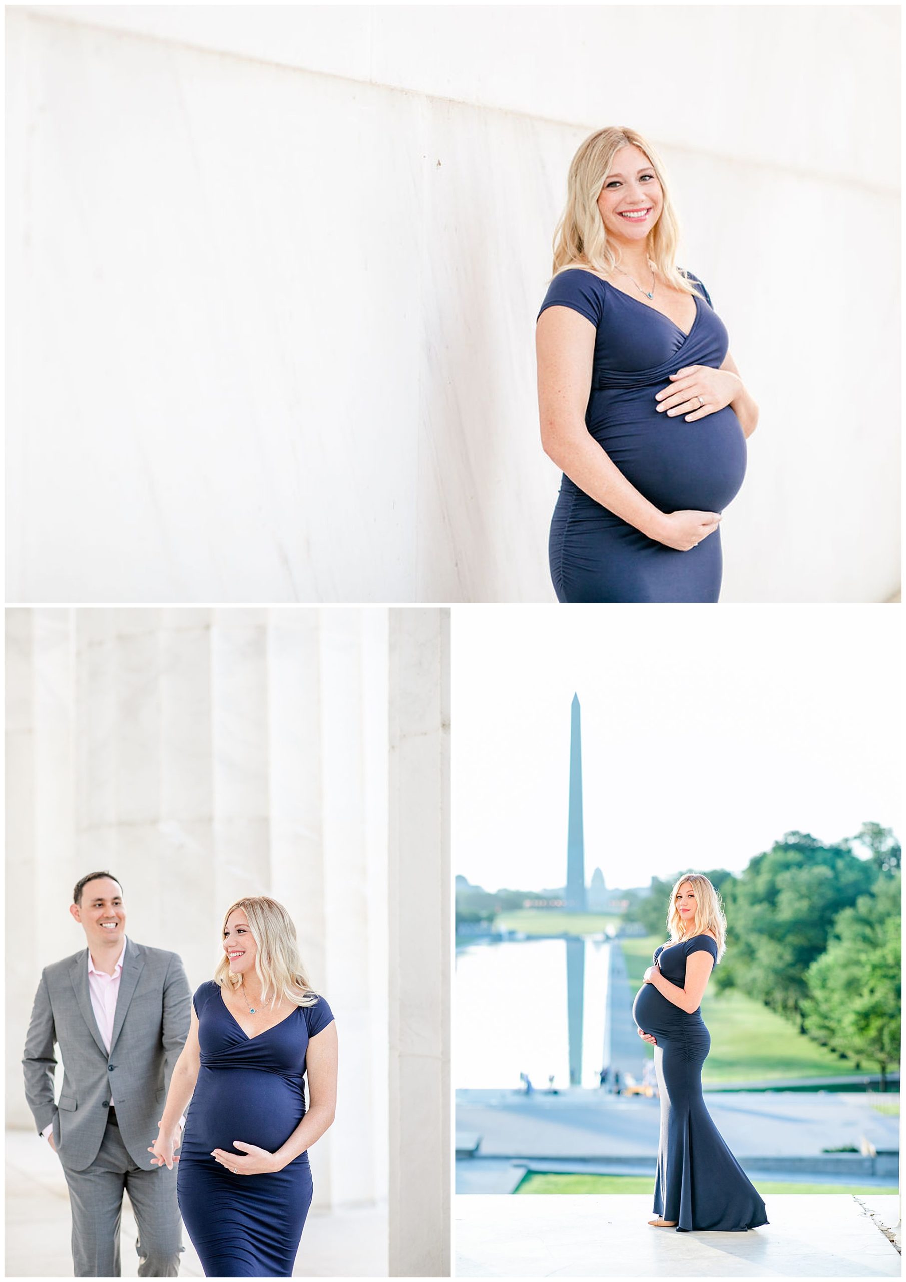 National Mall maternity photos, Lincoln Memorial maternity photos, Constitution Gardens maternity photos, DC maternity photos, DC maternity photographer, classic DC portraits, pregnant couple, natural light maternity photos, Rachel E.H. Photography, couple holding hands, woman in front of monument