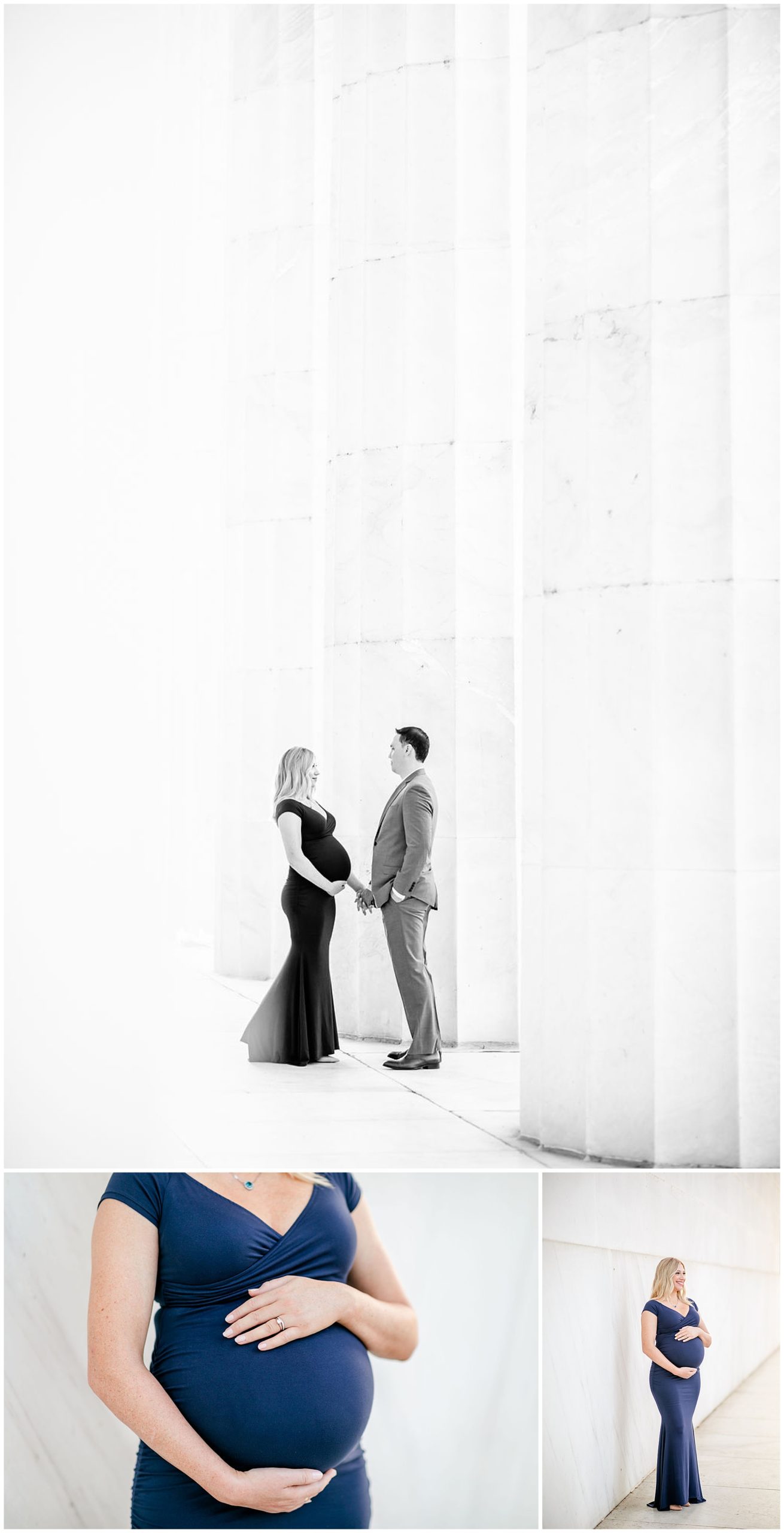 National Mall maternity photos, Lincoln Memorial maternity photos, Constitution Gardens maternity photos, DC maternity photos, DC maternity photographer, classic DC portraits, pregnant couple, natural light maternity photos, Rachel E.H. Photography, black and white, couple looking at each other, pregnant woman's belly