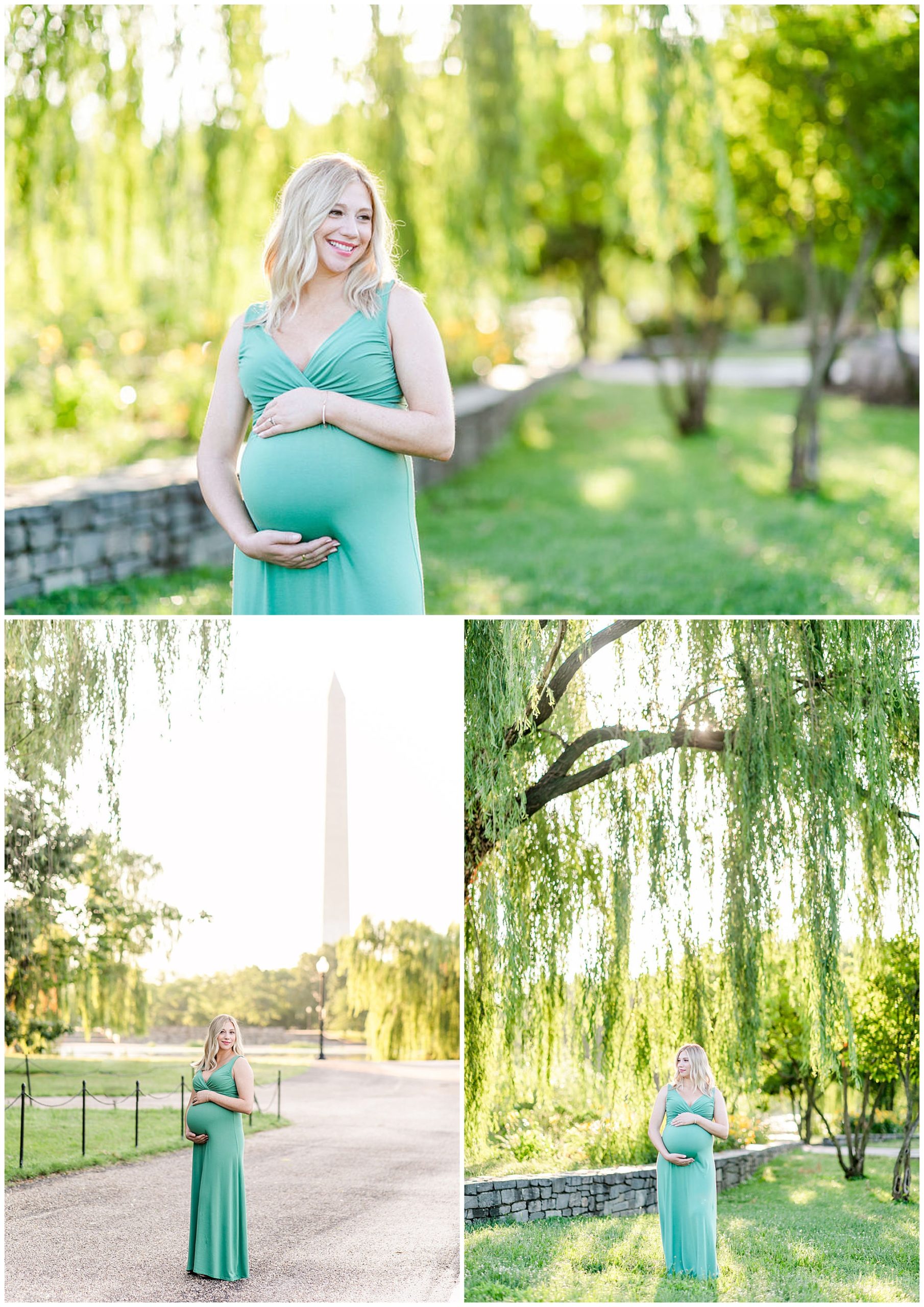 National Mall maternity photos, Lincoln Memorial maternity photos, Constitution Gardens maternity photos, DC maternity photos, DC maternity photographer, classic DC portraits, pregnant couple, natural light maternity photos, Rachel E.H. Photography, pregnant woman smiling, woman under willow tree, woman holding pregnant belly
