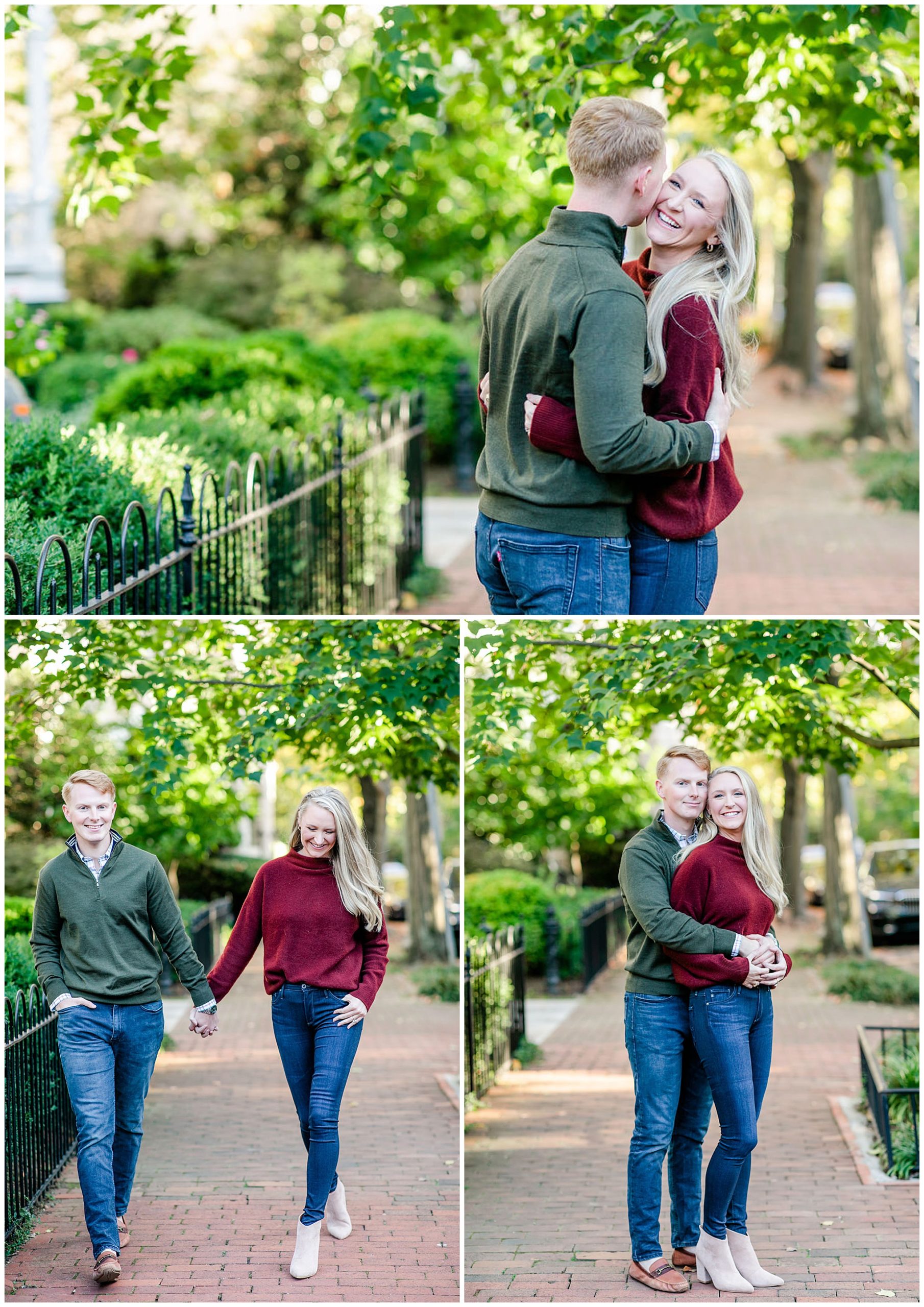 autumn magic hour engagement session, Washington D.C. engagement photos, Georgetown engagement photos, autumn engagement photos, DC portraits, DC engagement portraits, save the dates photos, Rachel E.H. Photography, couple hugging, couple holding hands, man hugging woman from behind