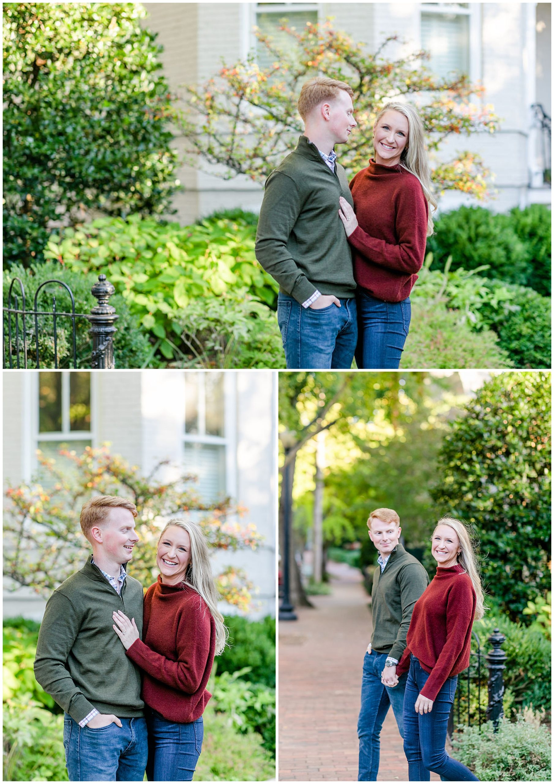 autumn magic hour engagement session, Washington D.C. engagement photos, Georgetown engagement photos, autumn engagement photos, DC portraits, DC engagement portraits, save the dates photos, Rachel E.H. Photography, woman's hand on mans chest, couple holding hands