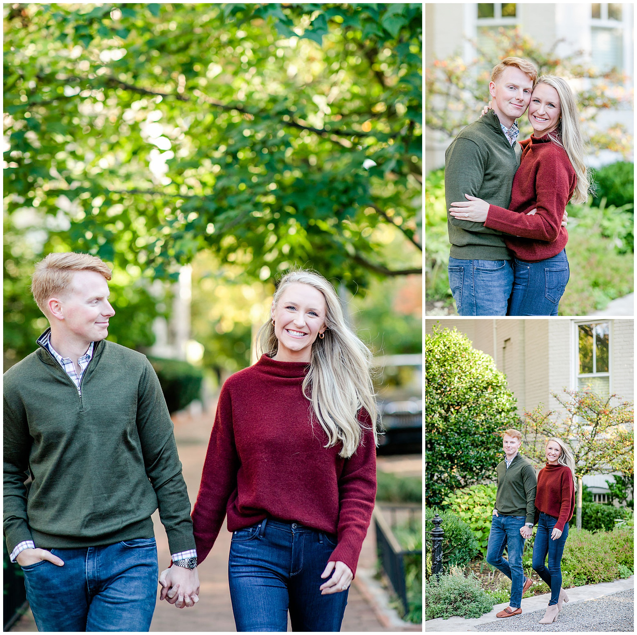 autumn magic hour engagement session, Washington D.C. engagement photos, Georgetown engagement photos, autumn engagement photos, DC portraits, DC engagement portraits, save the dates photos, Rachel E.H. Photography, couple holding hands, couple hugging, couple walking