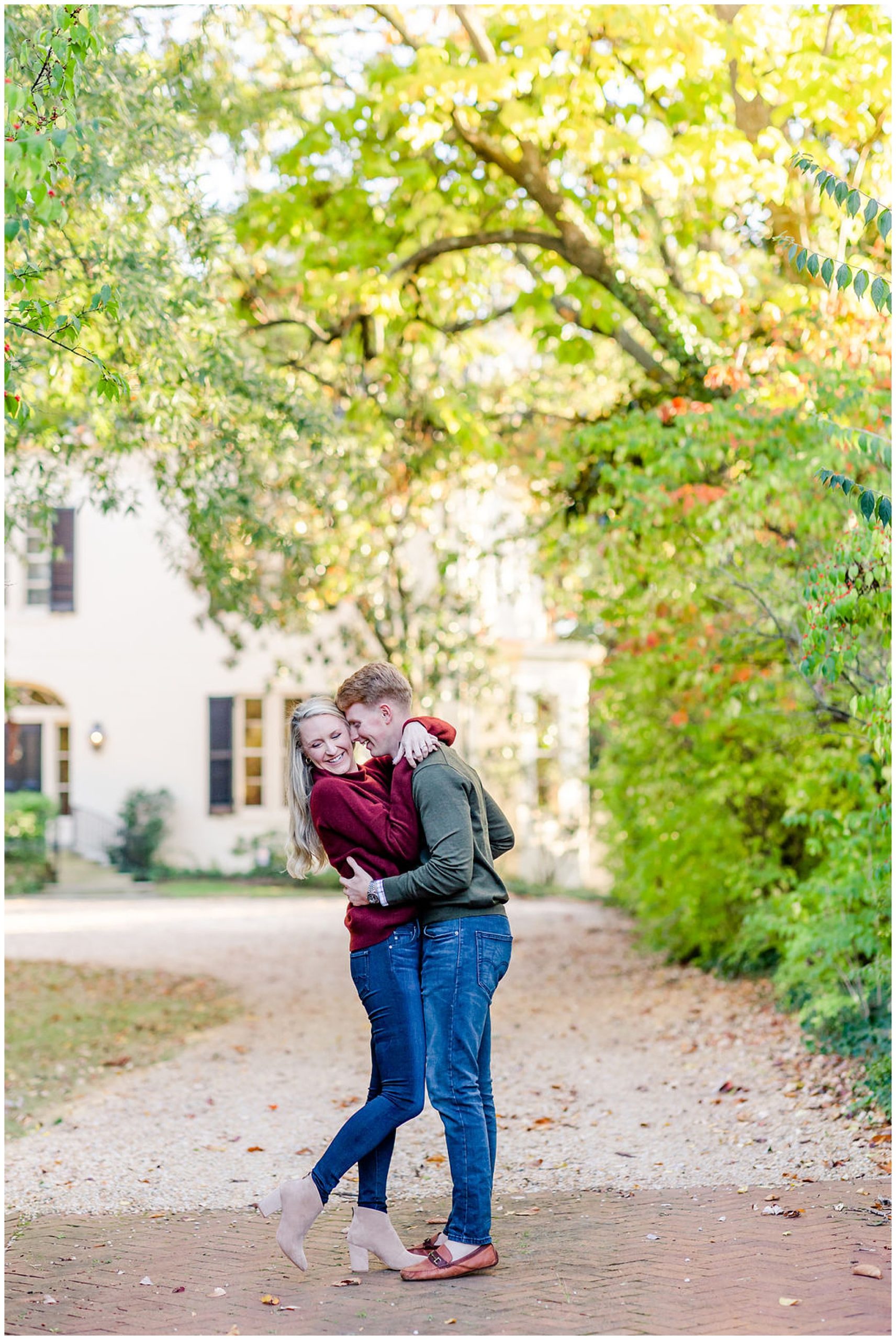autumn magic hour engagement session, Washington D.C. engagement photos, Georgetown engagement photos, autumn engagement photos, DC portraits, DC engagement portraits, save the dates photos, Rachel E.H. Photography, man with head resting on side of woman's face, woman smiling