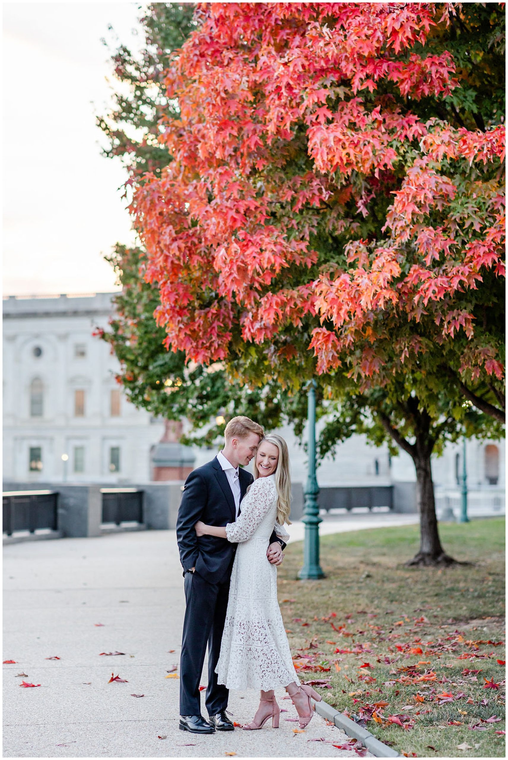 autumn magic hour engagement session, Washington D.C. engagement photos, Georgetown engagement photos, autumn engagement photos, DC portraits, DC engagement portraits, save the dates photos, Rachel E.H. Photography, couple under tree, couple hugging