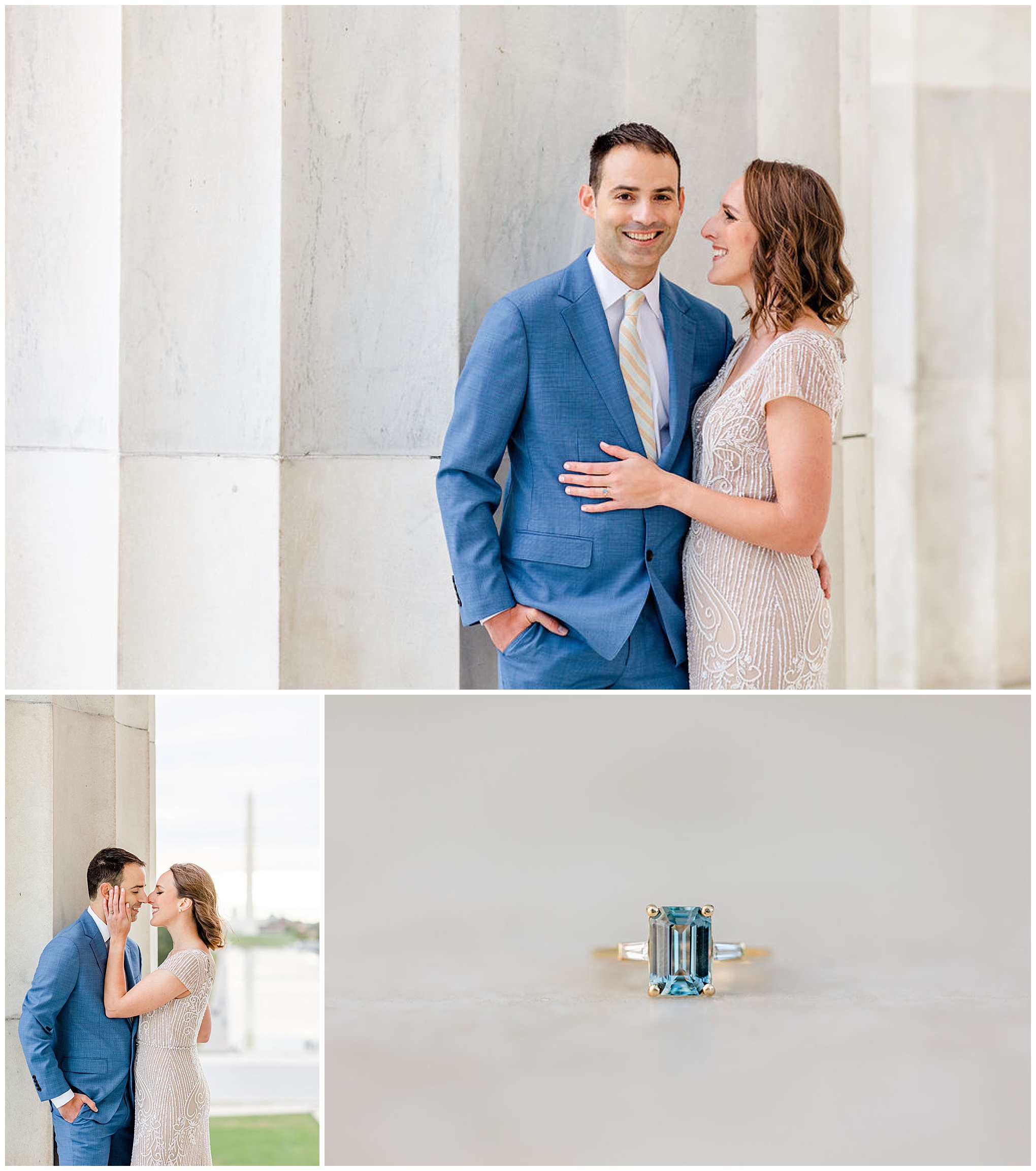 formal DC engagement portraits, Washington DC engagement photos, DC engagement photographer, DC portraits, BHLDN dress, autumn engagement portraits, formal engagement photos, formal portraits, Rachel E.H. Photography, blue-green engagement ring, couple almost kissing, woman looking at man