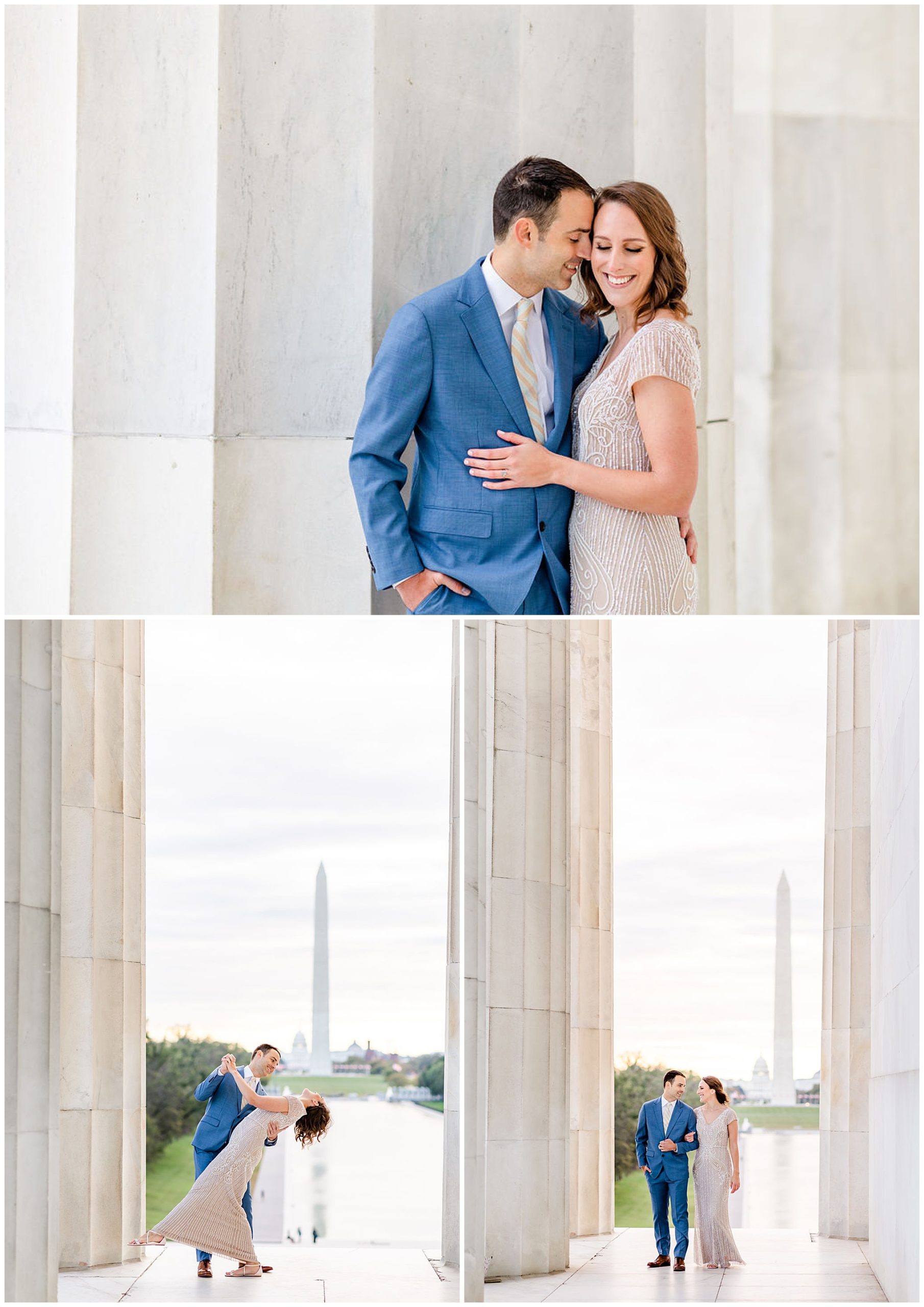 formal DC engagement portraits, Washington DC engagement photos, DC engagement photographer, DC portraits, BHLDN dress, autumn engagement portraits, formal engagement photos, formal portraits, Rachel E.H. Photography, man dipping woman, couple linking arms