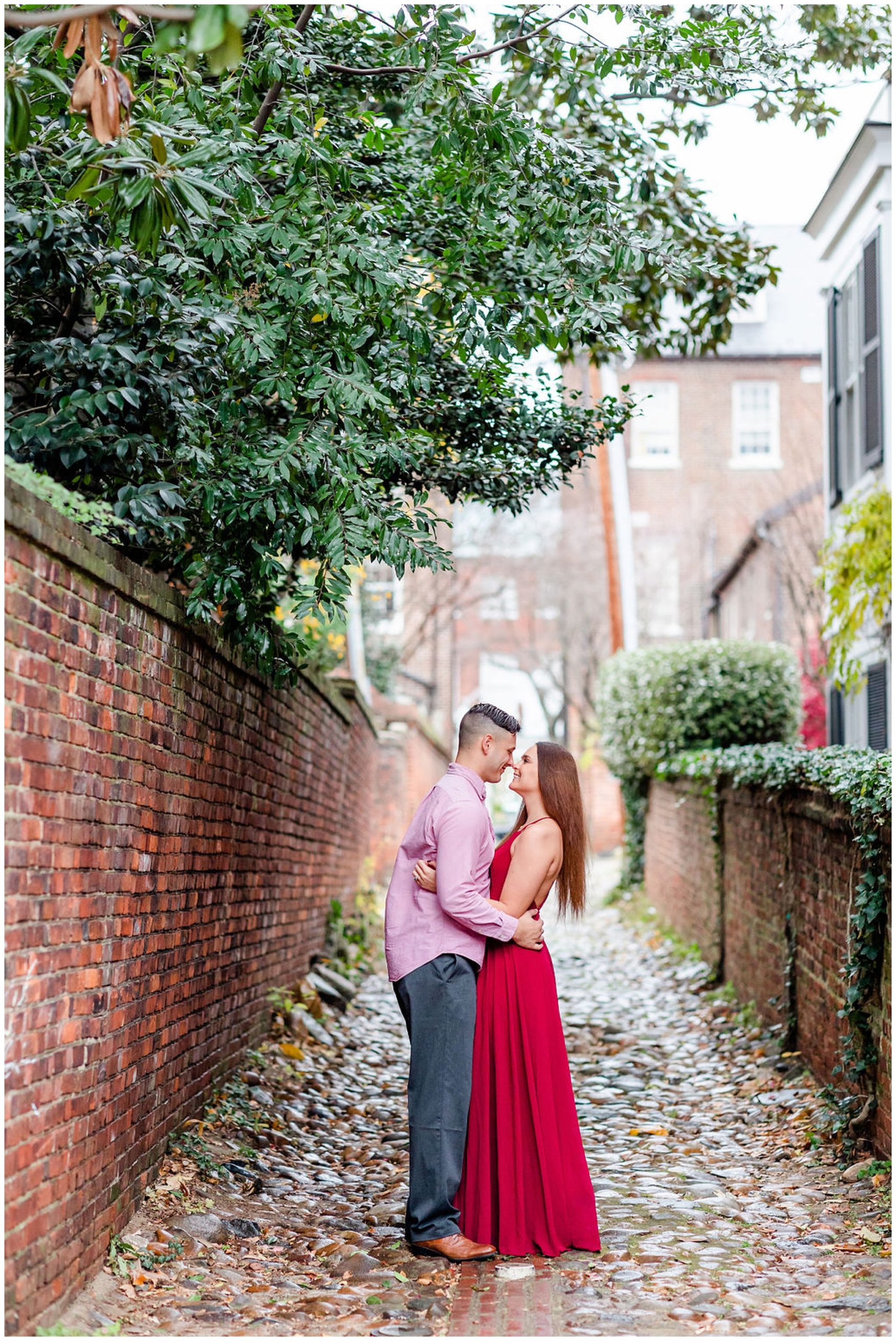 winter Alexandria engagement session, Alexandria engagement photos, Alexandria Virginia portraits, Old Town Alexandria engagement photos, winter engagement photos, Christmas engagement photos, semi-formal engagement photos, Rachel E.H. Photography, couple almost kissing, couple in alleyway