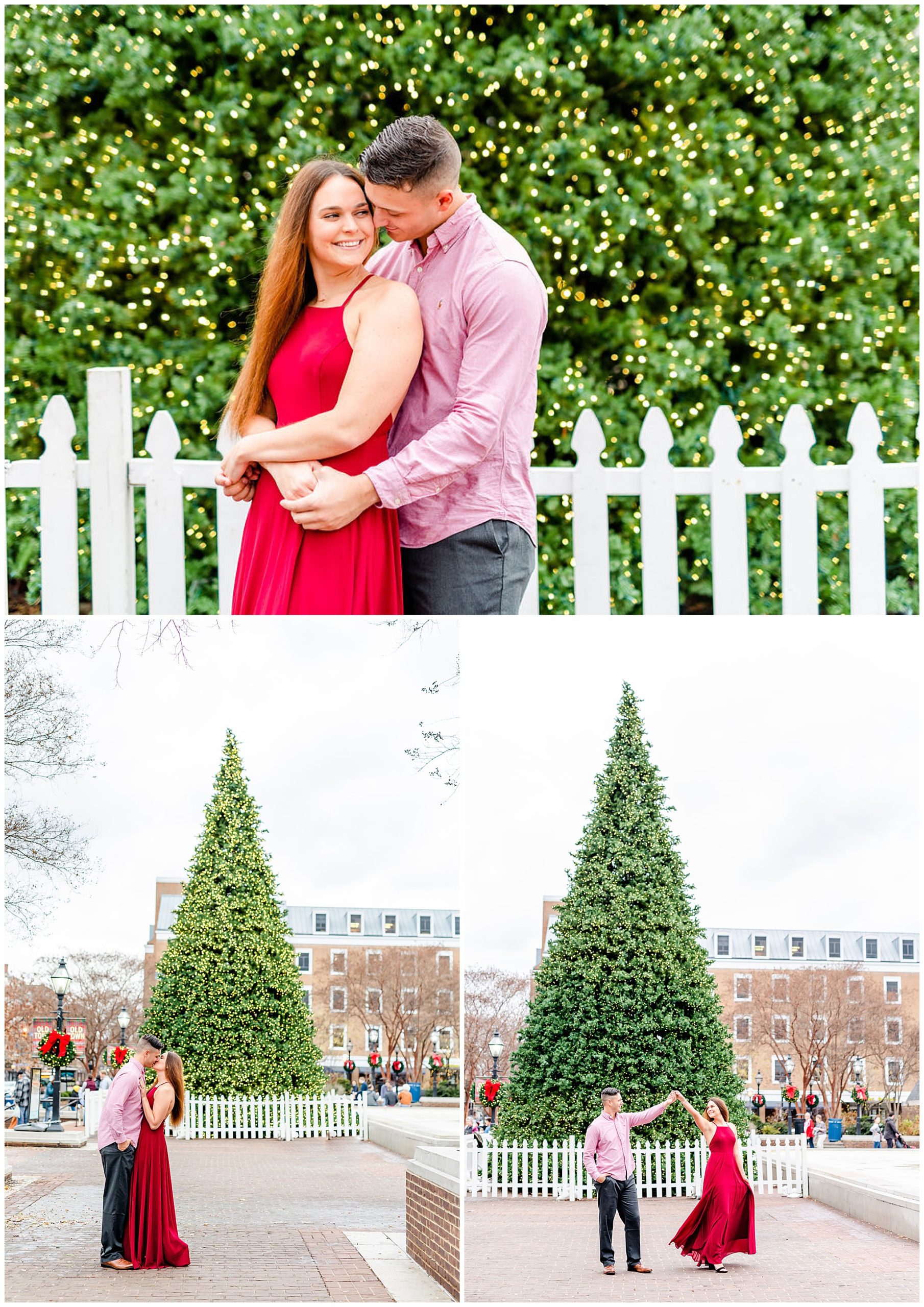 winter Alexandria engagement session, Alexandria engagement photos, Alexandria Virginia portraits, Old Town Alexandria engagement photos, winter engagement photos, Christmas engagement photos, semi-formal engagement photos, Rachel E.H. Photography, couple kissing in front of christmas tree, couple dancing, man hugging woman from behind