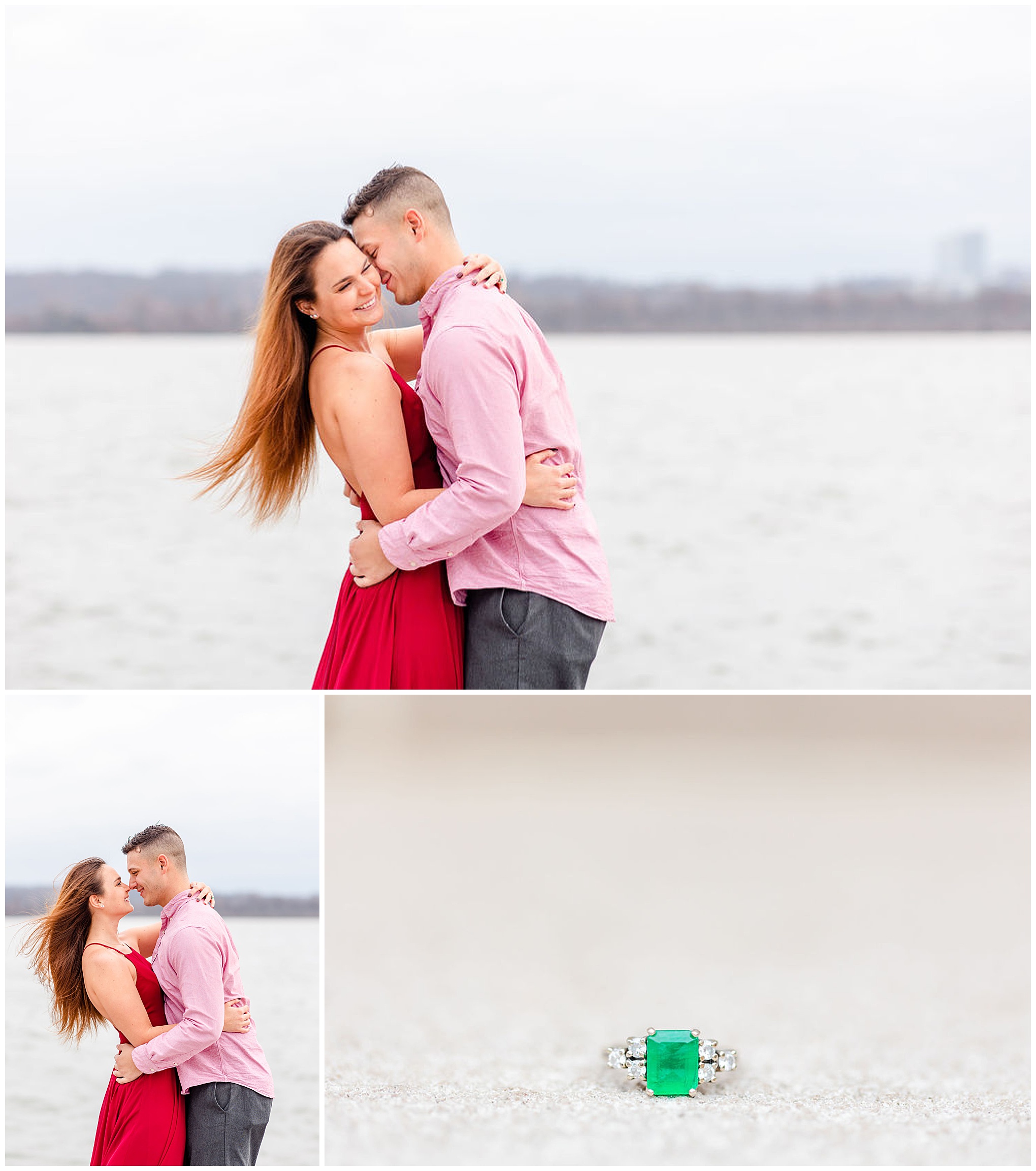 winter Alexandria engagement session, Alexandria engagement photos, Alexandria Virginia portraits, Old Town Alexandria engagement photos, winter engagement photos, Christmas engagement photos, semi-formal engagement photos, Rachel E.H. Photography, couple almost kissing, couple in front of water, emerald green engagement ring