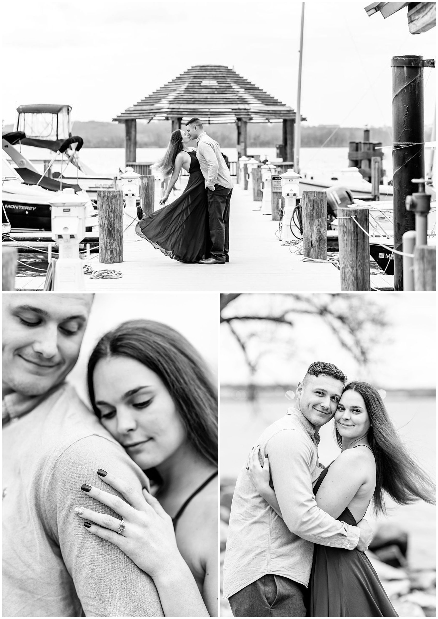 winter Alexandria engagement session, Alexandria engagement photos, Alexandria Virginia portraits, Old Town Alexandria engagement photos, winter engagement photos, Christmas engagement photos, semi-formal engagement photos, Rachel E.H. Photography, black and white, couple kissing on dock