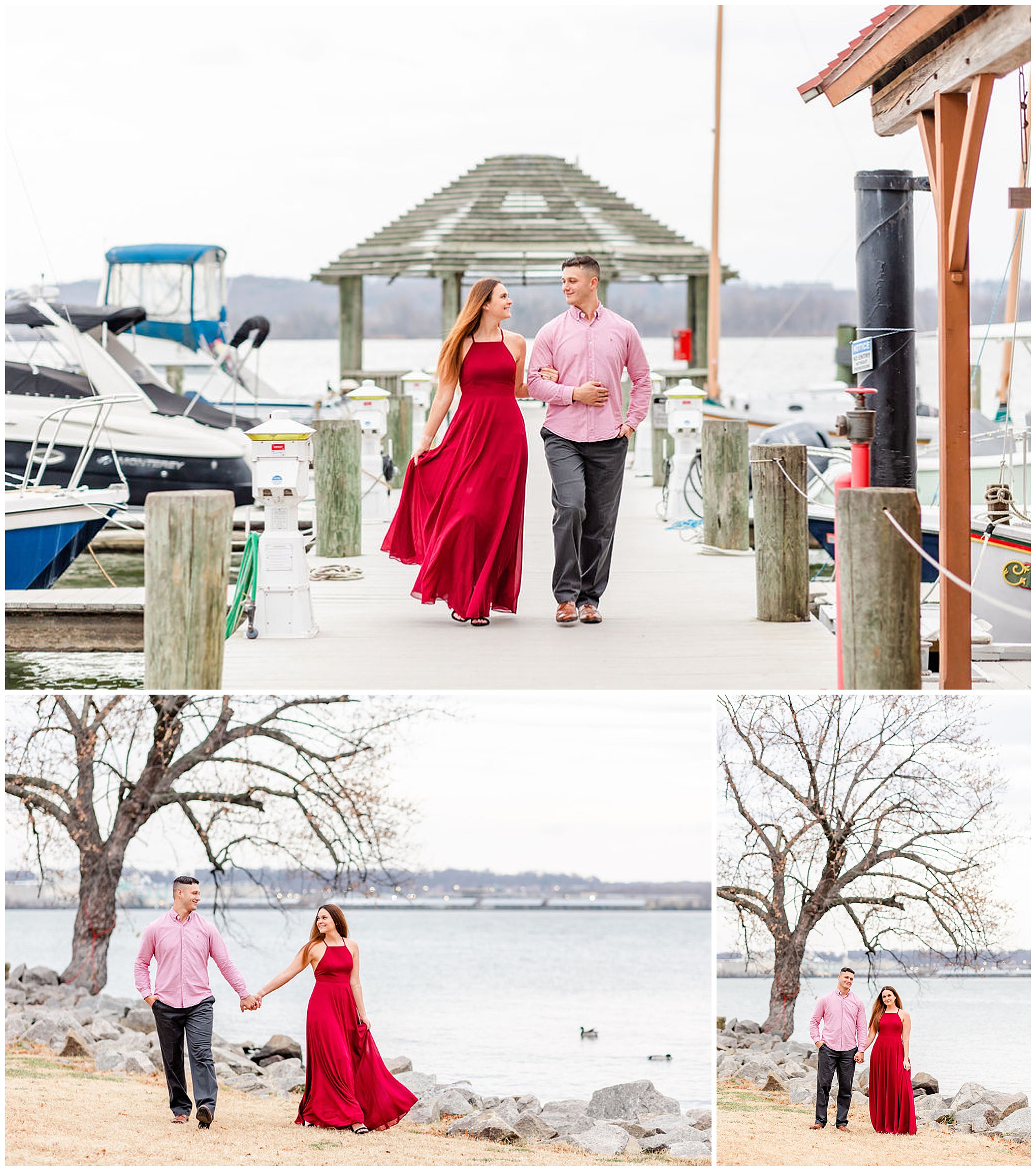 winter Alexandria engagement session, Alexandria engagement photos, Alexandria Virginia portraits, Old Town Alexandria engagement photos, winter engagement photos, Christmas engagement photos, semi-formal engagement photos, Rachel E.H. Photography, couple walking on dock, couple holding hands, couple on shore