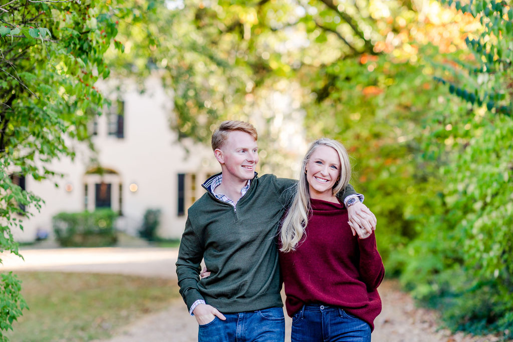 autumn magic hour engagement session, Washington D.C. engagement photos, Georgetown engagement photos, autumn engagement photos, DC portraits, DC engagement portraits, save the dates photos, Rachel E.H. Photography, man with arm around woman