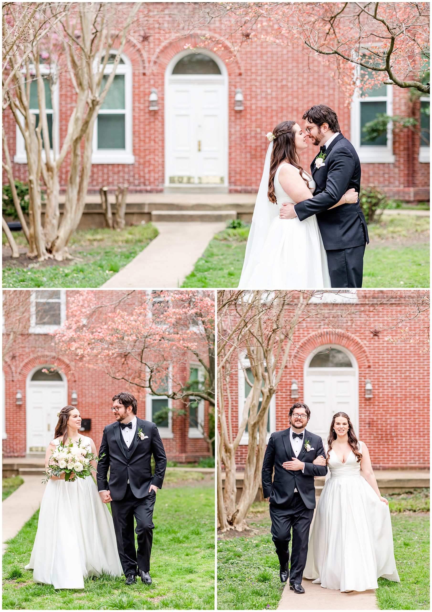 cherry blossom inspired DC wedding, sprig wedding inspiration, blush and light pink aesthetic, blush aesthetic, floral focused wedding, Grace and Glory Events City Tavern Club wedding, Georgetown wedding, Georgetown bride, city wedding, classic DC wedding, Washington DC wedding photographer, Rachel E.H. Photography, bride and groom almost kissing, couple linking arms and walking, couple holding hands