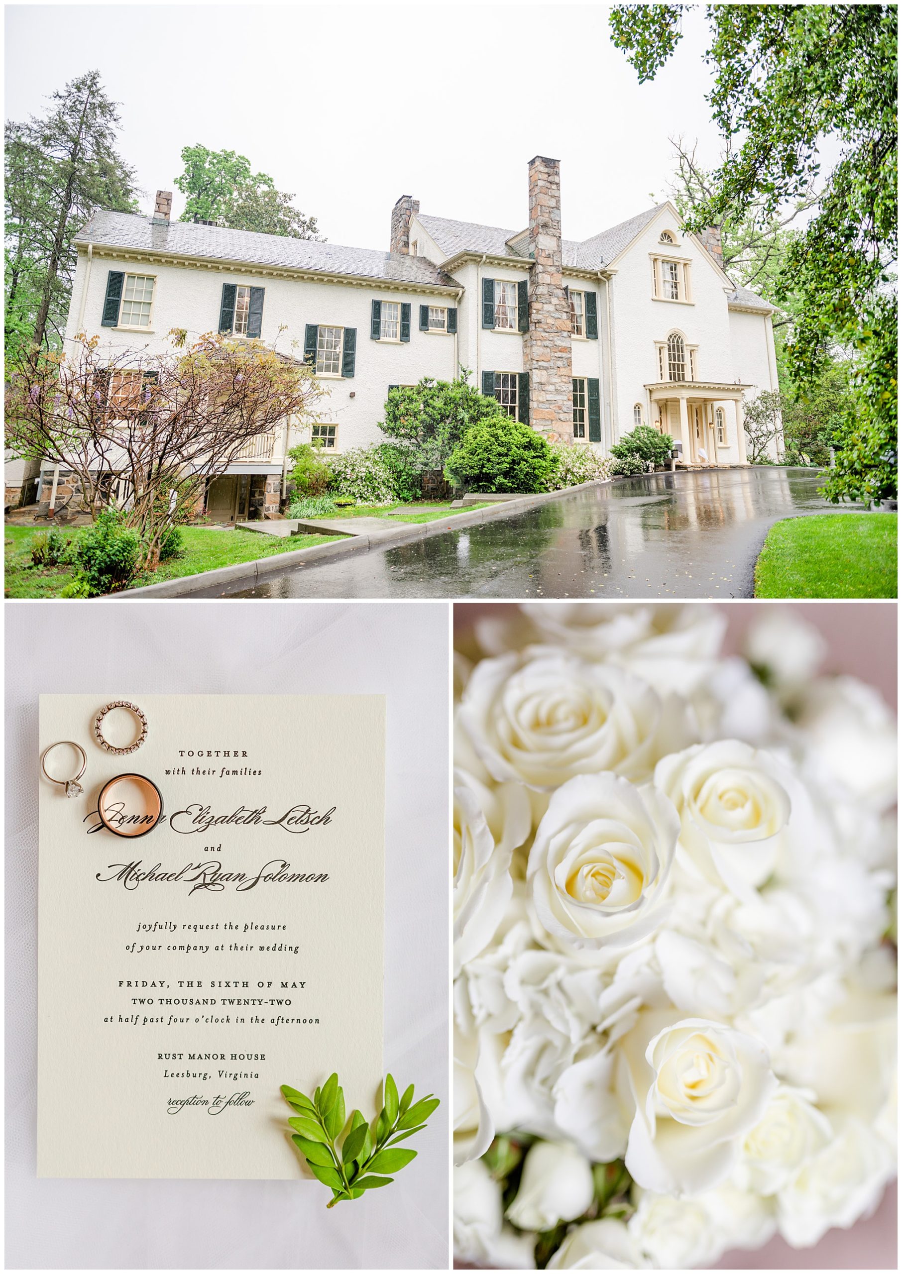 classic Rust Manor House wedding, sprig wedding, black and white aesthetic, classic wedding aesthetic, White Pumpkin Weddings City Tavern Club wedding, Leesburg wedding, Leesbur bride, manor house wedding, classic DC wedding, northern Virginia wedding venue, classic wedding venue, Washington DC wedding photographer, Rachel E.H. Photography, driveway of manor, wedding rings on invitations, white rose bouquet by Rick's Flowers