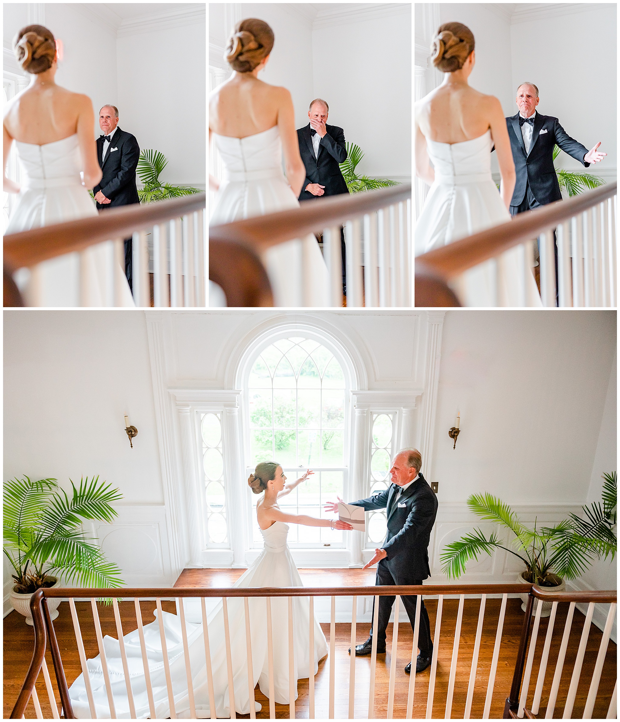 classic Rust Manor House wedding, sprig wedding, black and white aesthetic, classic wedding aesthetic, White Pumpkin Weddings City Tavern Club wedding, Leesburg wedding, Leesbur bride, manor house wedding, classic DC wedding, northern Virginia wedding venue, classic wedding venue, Washington DC wedding photographer, Rachel E.H. Photography, bride doing first look with father, bride coming down stairs, bride hugging father