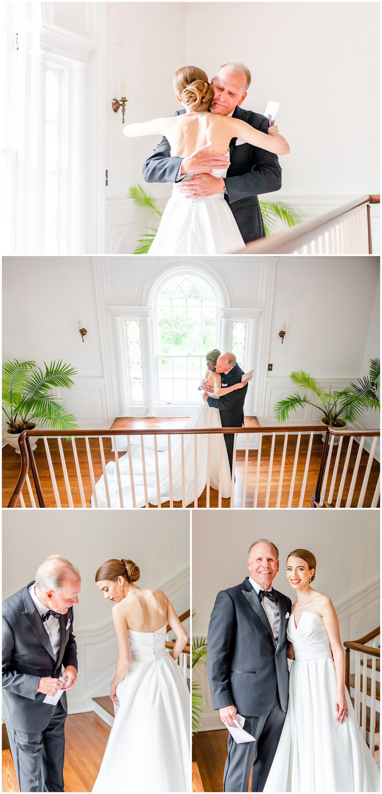 classic Rust Manor House wedding, sprig wedding, black and white aesthetic, classic wedding aesthetic, White Pumpkin Weddings City Tavern Club wedding, Leesburg wedding, Leesbur bride, manor house wedding, classic DC wedding, northern Virginia wedding venue, classic wedding venue, Washington DC wedding photographer, Rachel E.H. Photography, bride doing first look with father, bride hugging father, father looking at brides dress