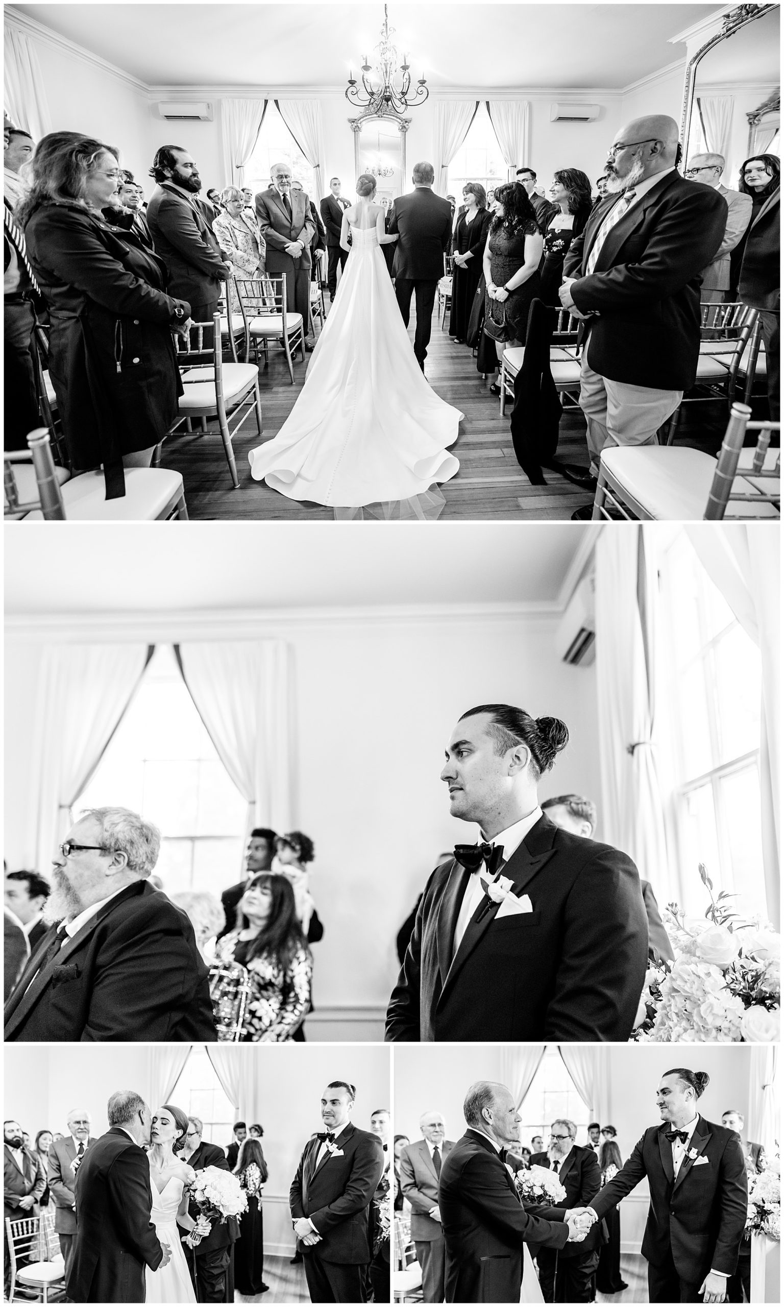 classic Rust Manor House wedding, sprig wedding, black and white aesthetic, classic wedding aesthetic, White Pumpkin Weddings City Tavern Club wedding, Leesburg wedding, Leesbur bride, manor house wedding, classic DC wedding, northern Virginia wedding venue, classic wedding venue, Washington DC wedding photographer, Rachel E.H. Photography, black and white, bride walking down aisle with father, groom standing at alter