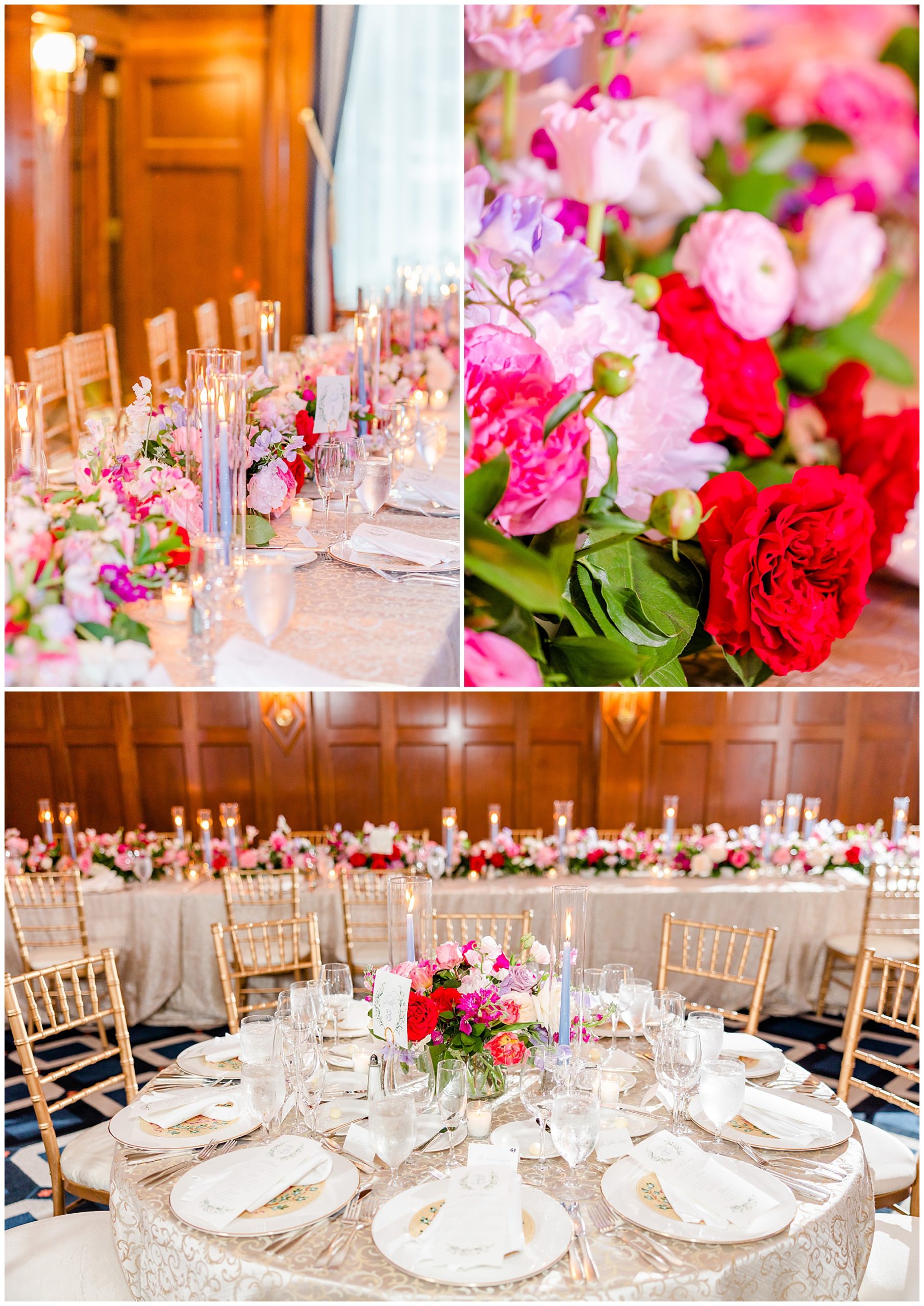 elegant French blue Willard Intercontinental wedding, DC wedding, elegent DC wedding, luxury DC wedding venue, high end DC wedding venue, DC wedding photographer, spring wedding aesthetic, spring wedding ideas, classic DC wedding, classic wedding ideas, Rachel E.H. Photography, French blue aesthetic, floral focused wedding reception, Victoria Clausen Floral Events, peony and rose reception florals, colorful wedding reception, floral focused tablescape, pink and red roses