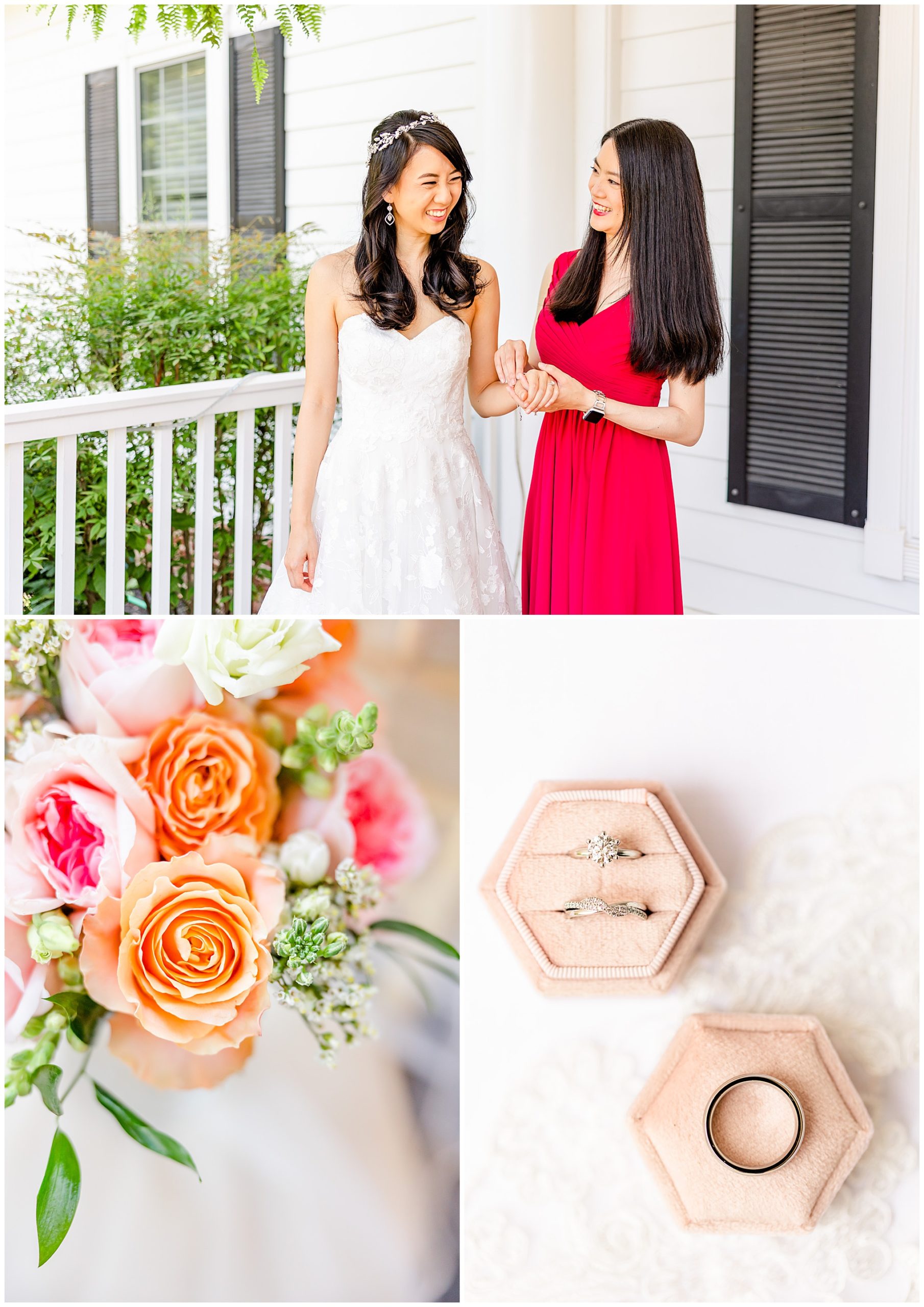 spring Westfields Golf Club wedding, Clifton Virginia wedding, northern Virginia wedding venue, DC wedding photographer, DC photographer, Virginia country club wedding, spring wedding aesthetic, Chinese American wedding, Rachel E.H.Photography, bride holding bridesmaids hand, orange and pink bouquet, wedding rings in pink box
