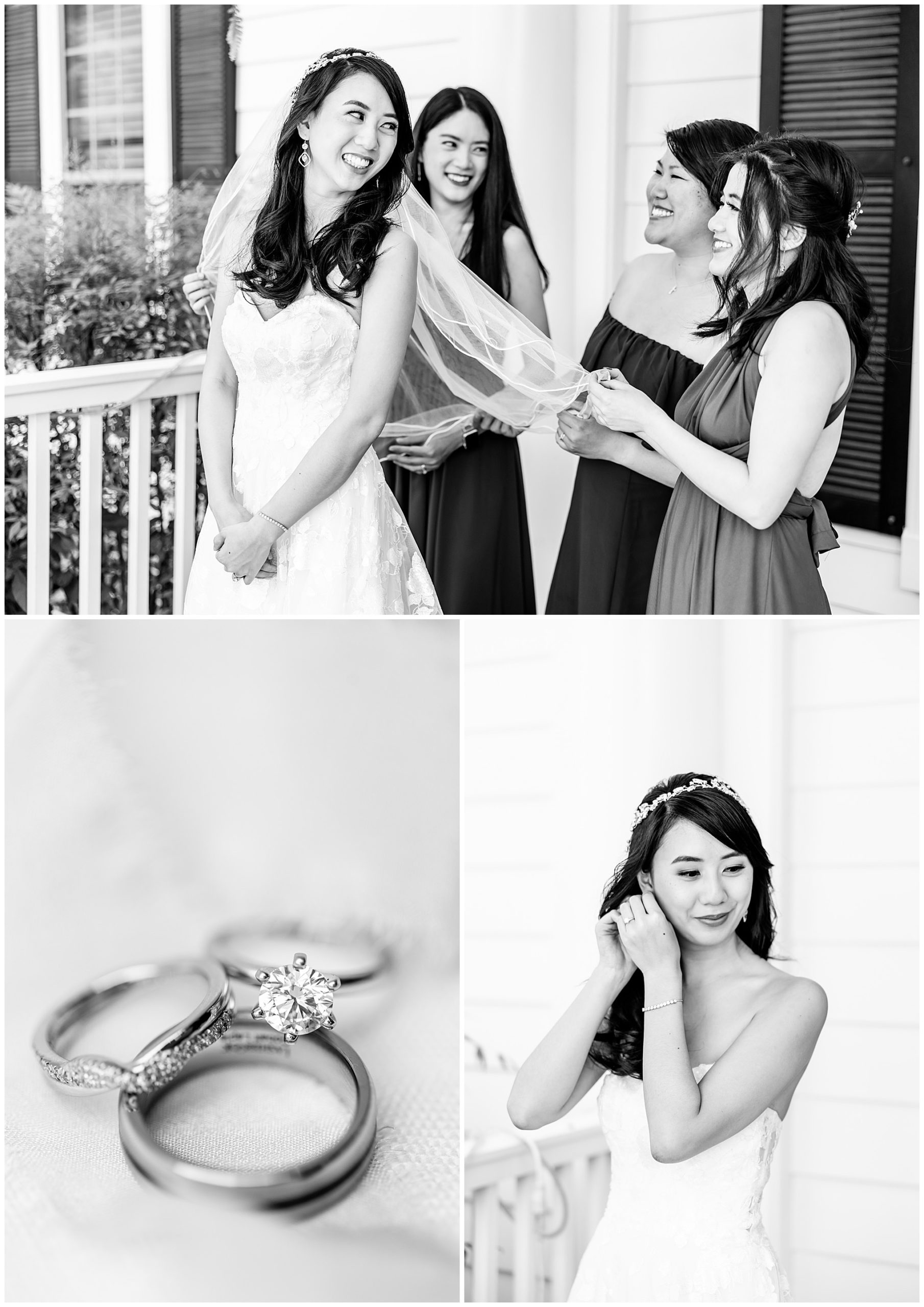 spring Westfields Golf Club wedding, Clifton Virginia wedding, northern Virginia wedding venue, DC wedding photographer, DC photographer, Virginia country club wedding, spring wedding aesthetic, Chinese American wedding, Rachel E.H.Photography, black and white, bride putting in earrings, wedding band by Lashbrook