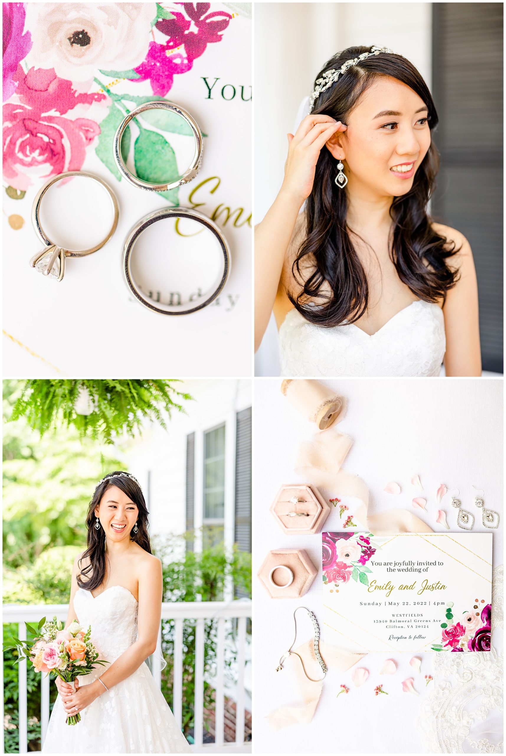 spring Westfields Golf Club wedding, Clifton Virginia wedding, northern Virginia wedding venue, DC wedding photographer, DC photographer, Virginia country club wedding, spring wedding aesthetic, Chinese American wedding, Rachel E.H.Photography, bride brushing hair behind ear, engagement ring by James Allen, floral wedding invitations