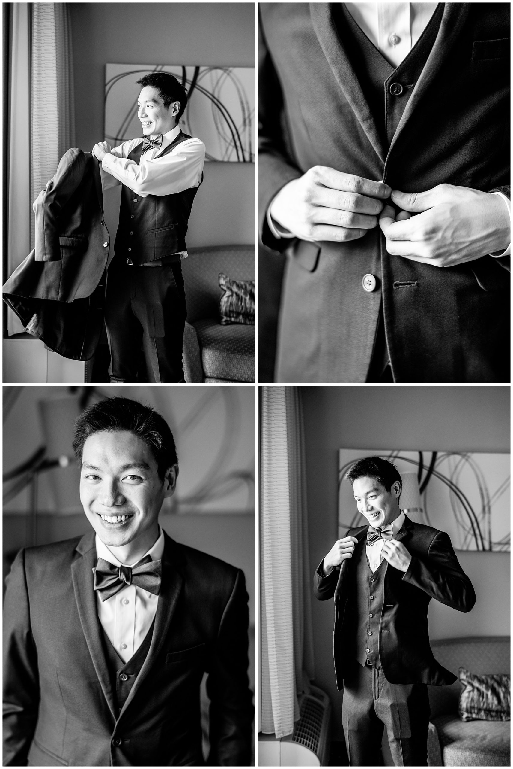 spring Westfields Golf Club wedding, Clifton Virginia wedding, northern Virginia wedding venue, DC wedding photographer, DC photographer, Virginia country club wedding, spring wedding aesthetic, Chinese American wedding, Rachel E.H.Photography, black and white, groom getting ready, groom buttoning jacket