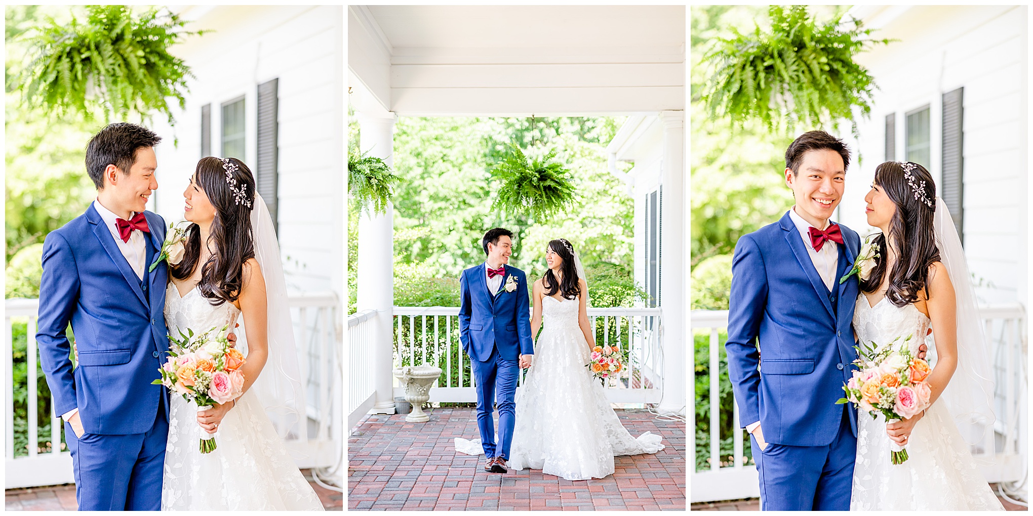 spring Westfields Golf Club wedding, Clifton Virginia wedding, northern Virginia wedding venue, DC wedding photographer, DC photographer, Virginia country club wedding, spring wedding aesthetic, Chinese American wedding, Rachel E.H.Photography, bride and groom smiling at each other, bride and groom walking down porch 