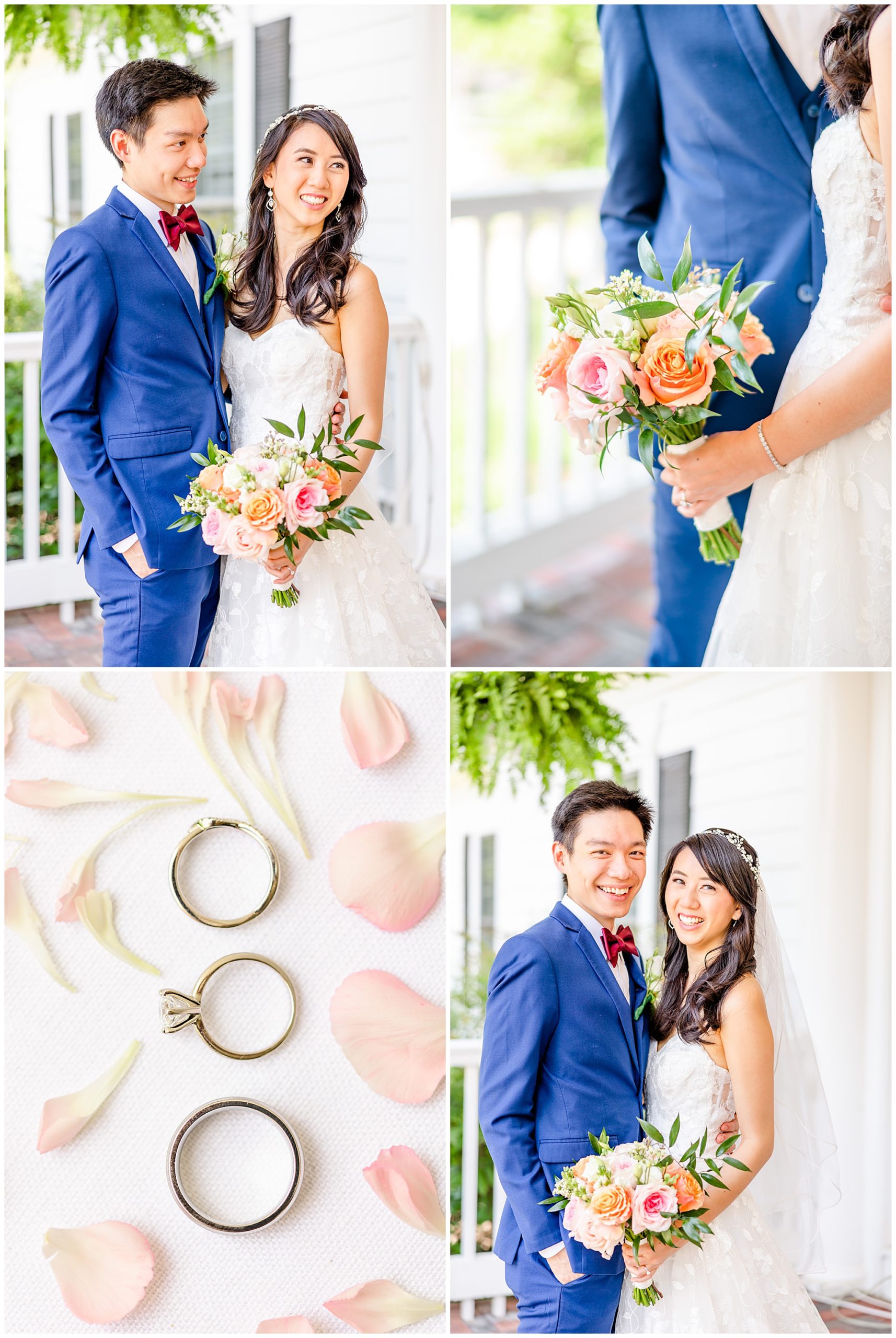 spring Westfields Golf Club wedding, Clifton Virginia wedding, northern Virginia wedding venue, DC wedding photographer, DC photographer, Virginia country club wedding, spring wedding aesthetic, Chinese American wedding, Rachel E.H.Photography, wedding rings surrounded by flower petals, bouquet by Blooming Spaces