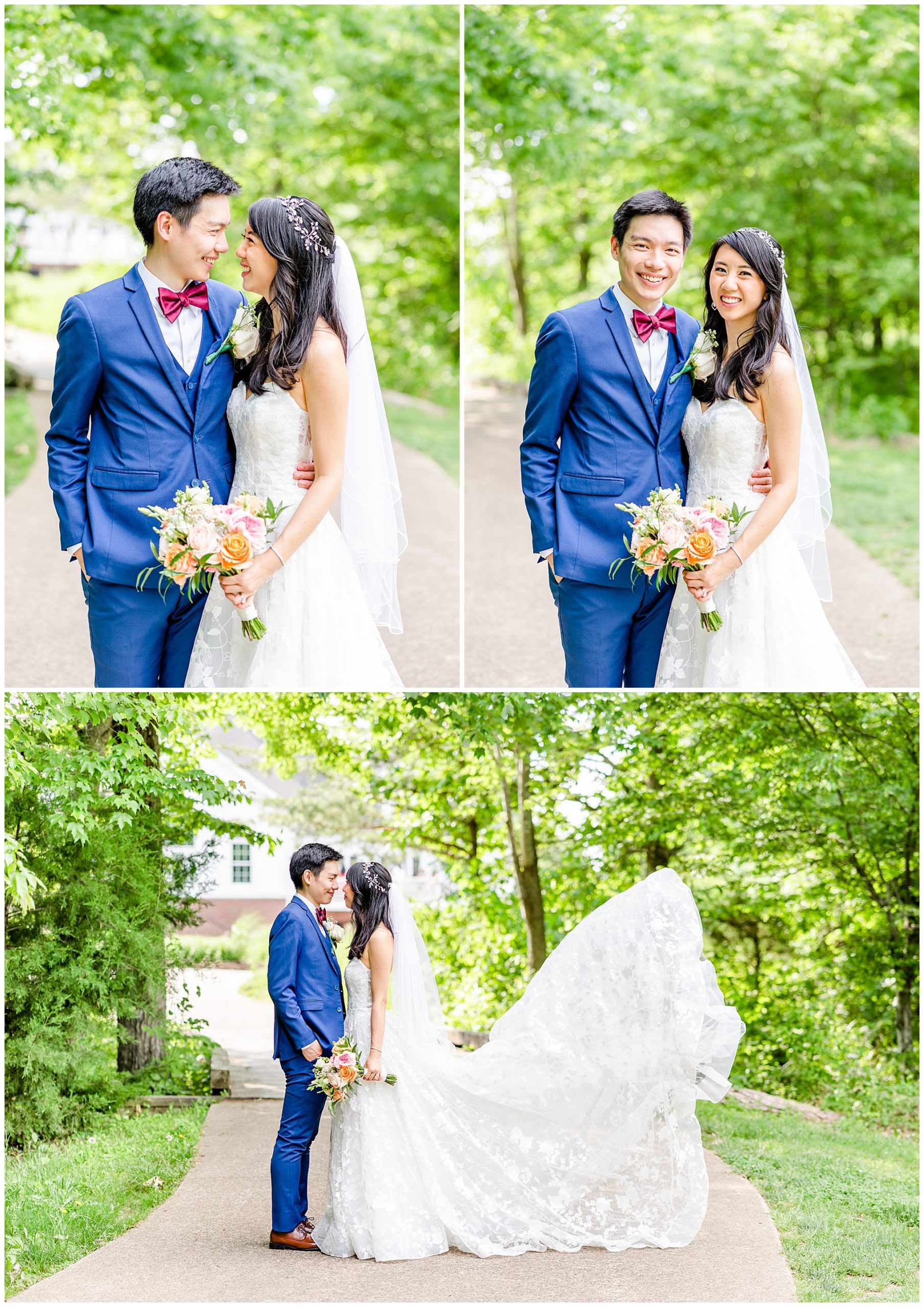 spring Westfields Golf Club wedding, Clifton Virginia wedding, northern Virginia wedding venue, DC wedding photographer, DC photographer, Virginia country club wedding, spring wedding aesthetic, Chinese American wedding, Rachel E.H.Photography, bride and groom looking at each other, brides dress flowing in wind