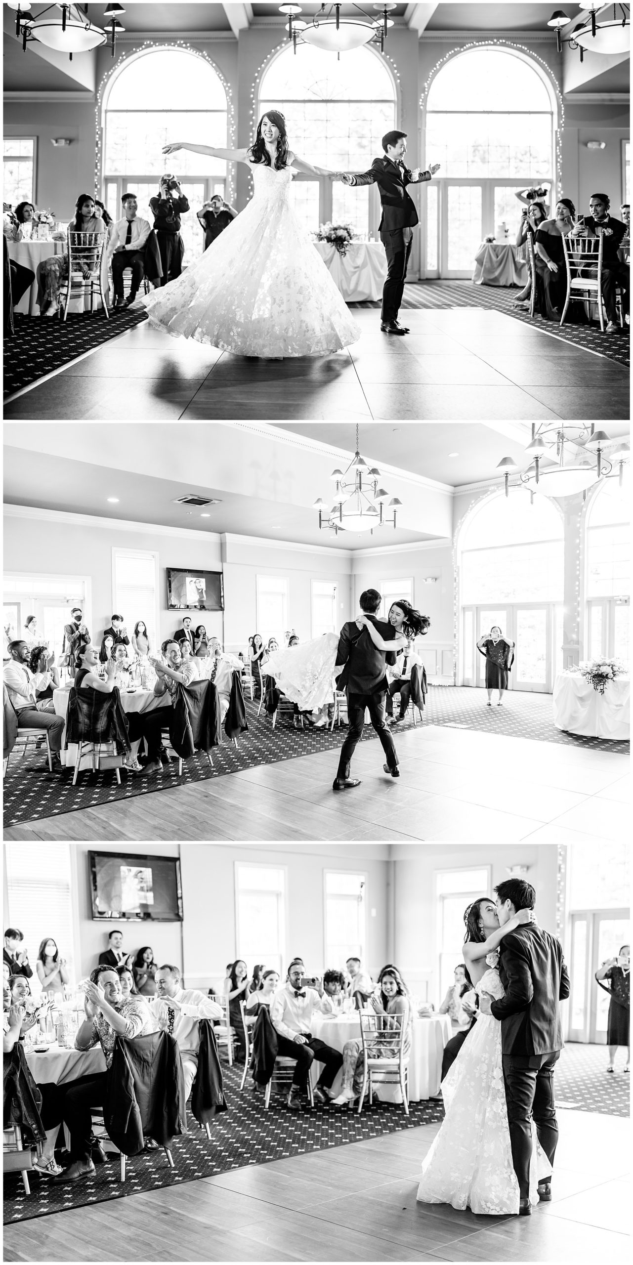 spring Westfields Golf Club wedding, Clifton Virginia wedding, northern Virginia wedding venue, DC wedding photographer, DC photographer, Virginia country club wedding, spring wedding aesthetic, Chinese American wedding, Rachel E.H.Photography, black and white, first dance, bride and groom kissing