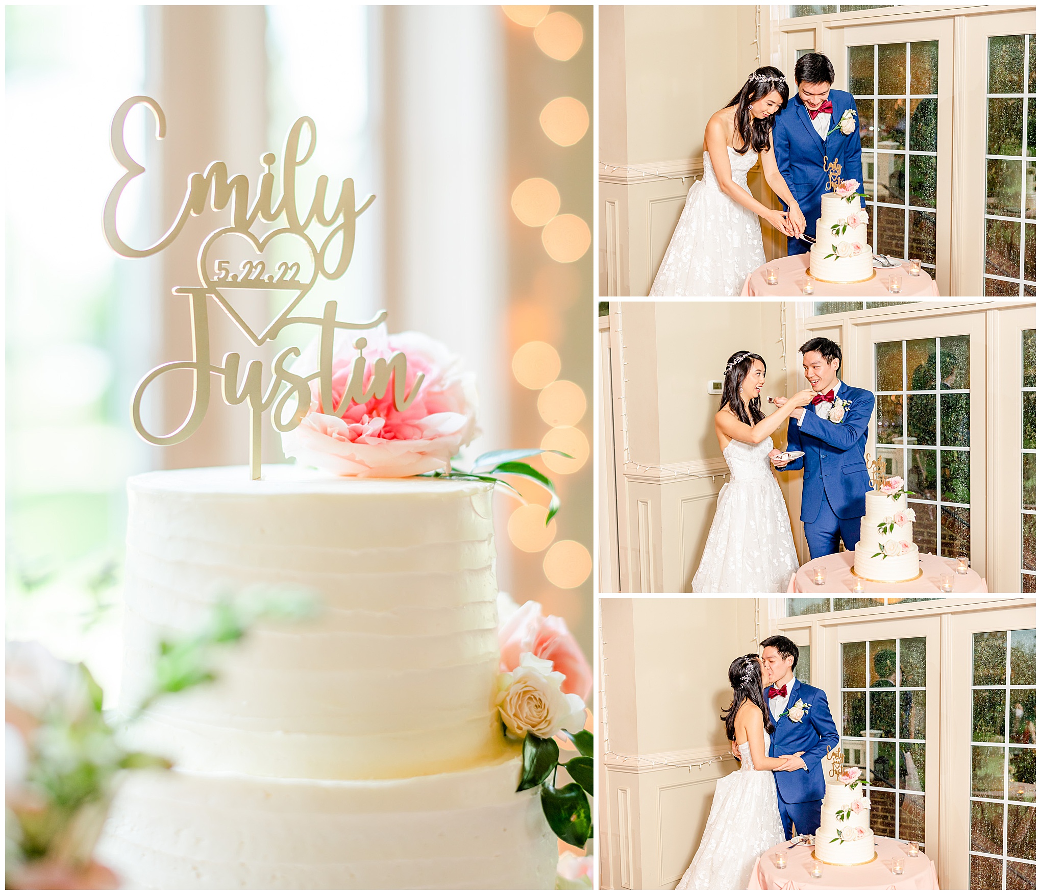 spring Westfields Golf Club wedding, Clifton Virginia wedding, northern Virginia wedding venue, DC wedding photographer, DC photographer, Virginia country club wedding, spring wedding aesthetic, Chinese American wedding, Rachel E.H.Photography, bride and groom cutting cake, bride and groom kissing, Moon and Stars Cakes