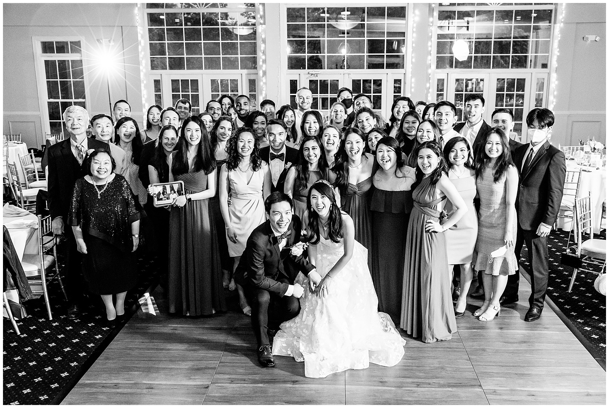 spring Westfields Golf Club wedding, Clifton Virginia wedding, northern Virginia wedding venue, DC wedding photographer, DC photographer, Virginia country club wedding, spring wedding aesthetic, Chinese American wedding, Rachel E.H.Photography, black and white, couple with wedding guests