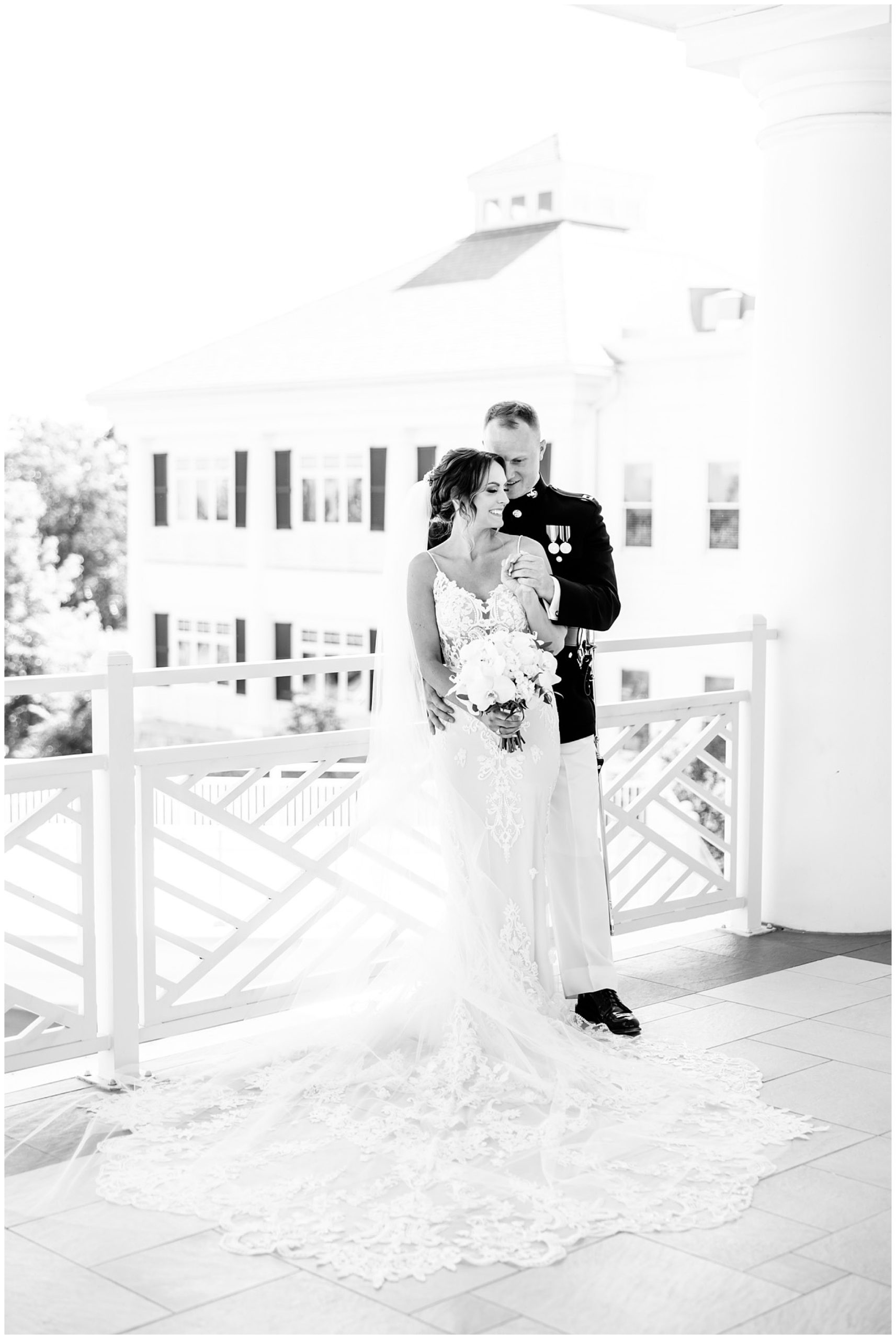 Army Navy Country Club Arlington wedding, country club wedding, DC wedding venues, Arlington Virginia wedding venue, DC wedding photographer, northern Virginia wedding photographer, spring wedding, white wedding aesthetic, military wedding aesthetic, Rachel E.H. Photography black and white, groom holding brides hand and hugging her from behind