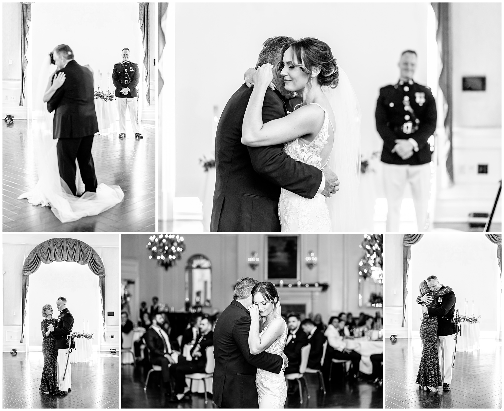 Army Navy Country Club Arlington wedding, country club wedding, DC wedding venues, Arlington Virginia wedding venue, DC wedding photographer, northern Virginia wedding photographer, spring wedding, white wedding aesthetic, military wedding aesthetic, Rachel E.H. Photography, bride dancing with father, groom dancing with mother, black and white