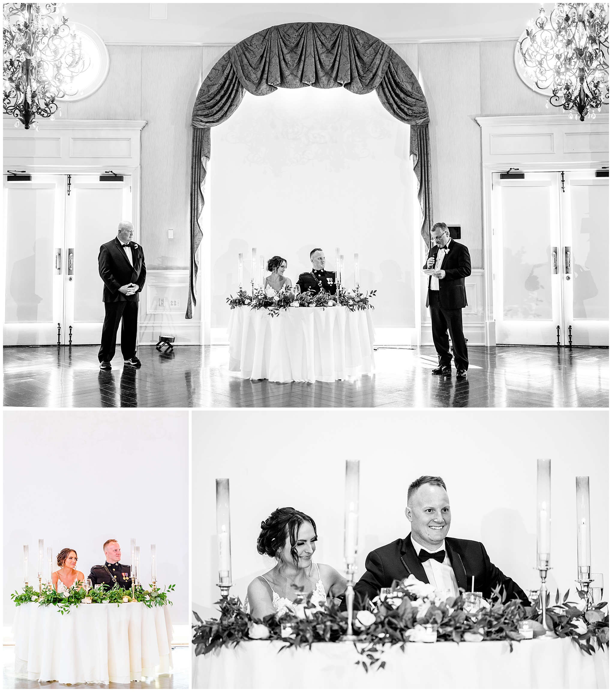 Army Navy Country Club Arlington wedding, country club wedding, DC wedding venues, Arlington Virginia wedding venue, DC wedding photographer, northern Virginia wedding photographer, spring wedding, white wedding aesthetic, military wedding aesthetic, Rachel E.H. Photography, black and white, bride and groom laughing, men giving speeches