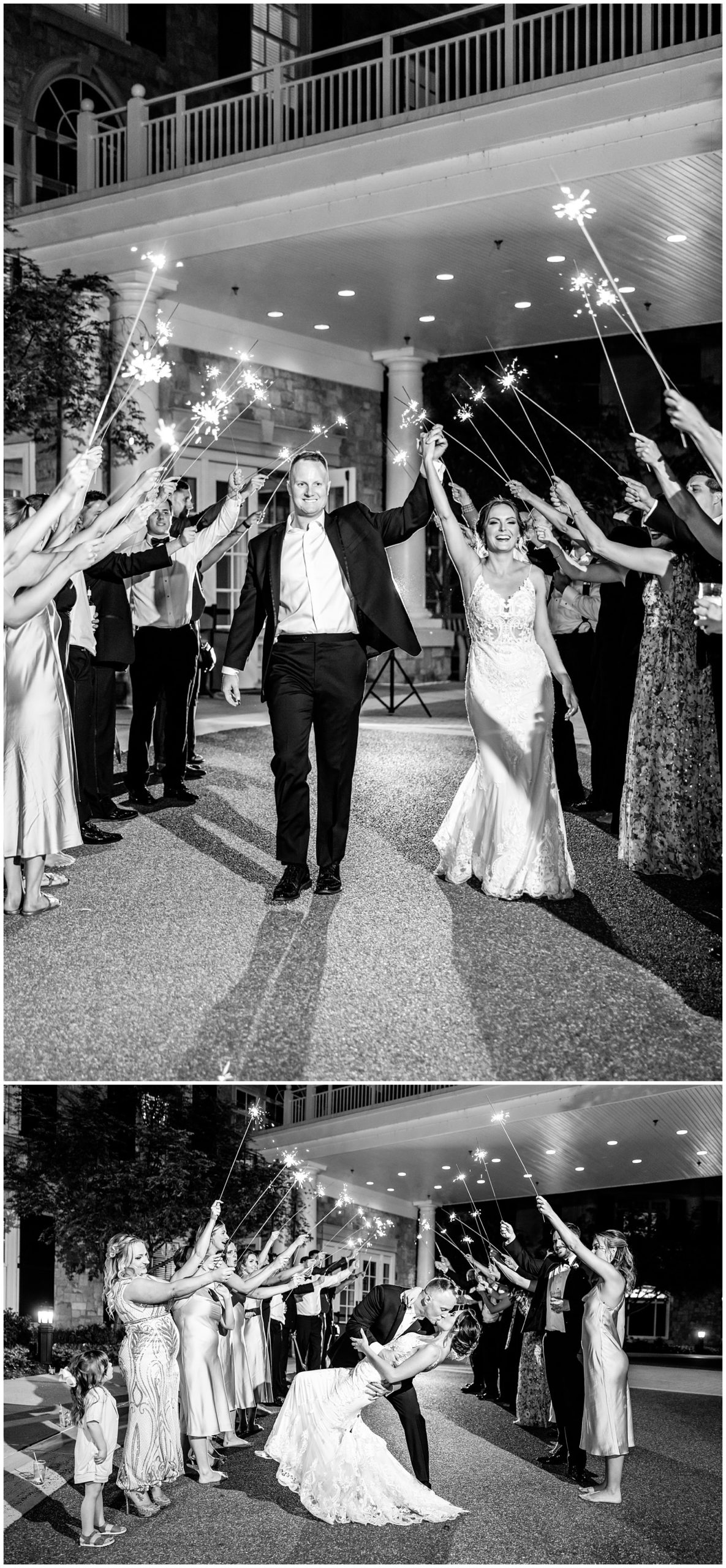 Army Navy Country Club Arlington wedding, country club wedding, DC wedding venues, Arlington Virginia wedding venue, DC wedding photographer, northern Virginia wedding photographer, spring wedding, white wedding aesthetic, military wedding aesthetic, Rachel E.H. Photography, black and white, bride and groom under sparklers, sparklers at wedding