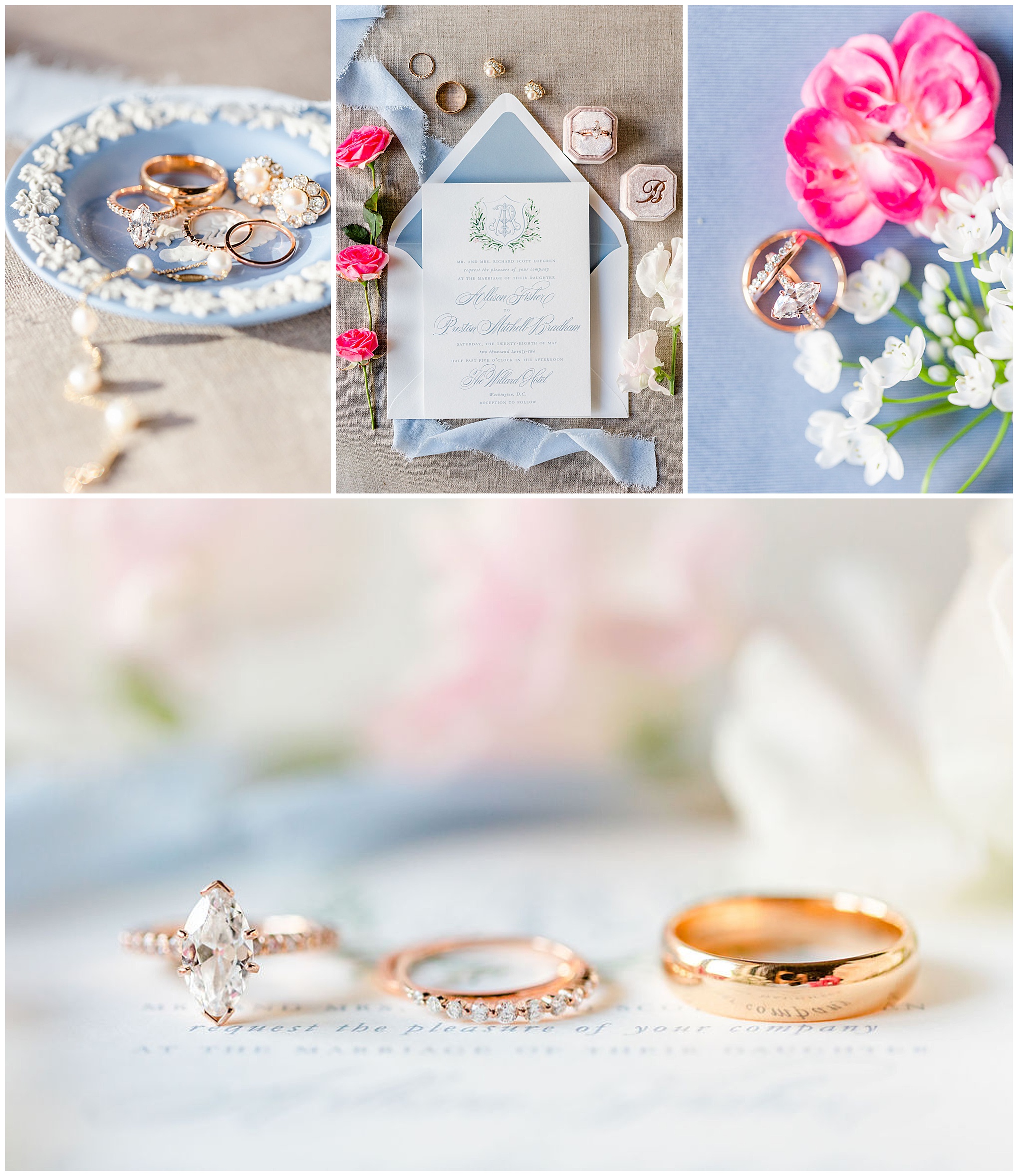 bridal details photo session, bridal details flatlay, flatlay photos, wedding details, wedding details photos, DC wedding photographer, wedding photography details, special wedding photos, flatlay photo session, DC wedding photographer, Rachel E.H. Photography, gold wedding rings, baby blue jewelry dish