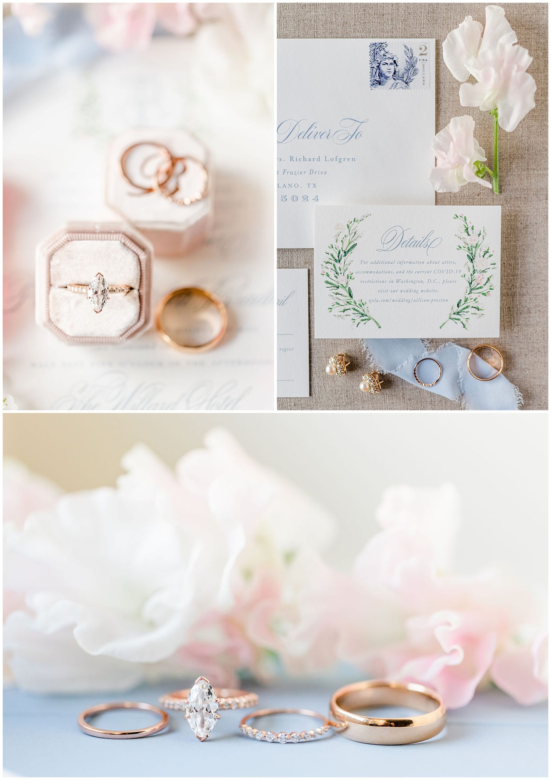 bridal details photo session, bridal details flatlay, flatlay photos, wedding details, wedding details photos, DC wedding photographer, wedding photography details, special wedding photos, flatlay photo session, DC wedding photographer, Rachel E.H. Photography, gold rings in powder pink case, rings in front of white and pink flowers
