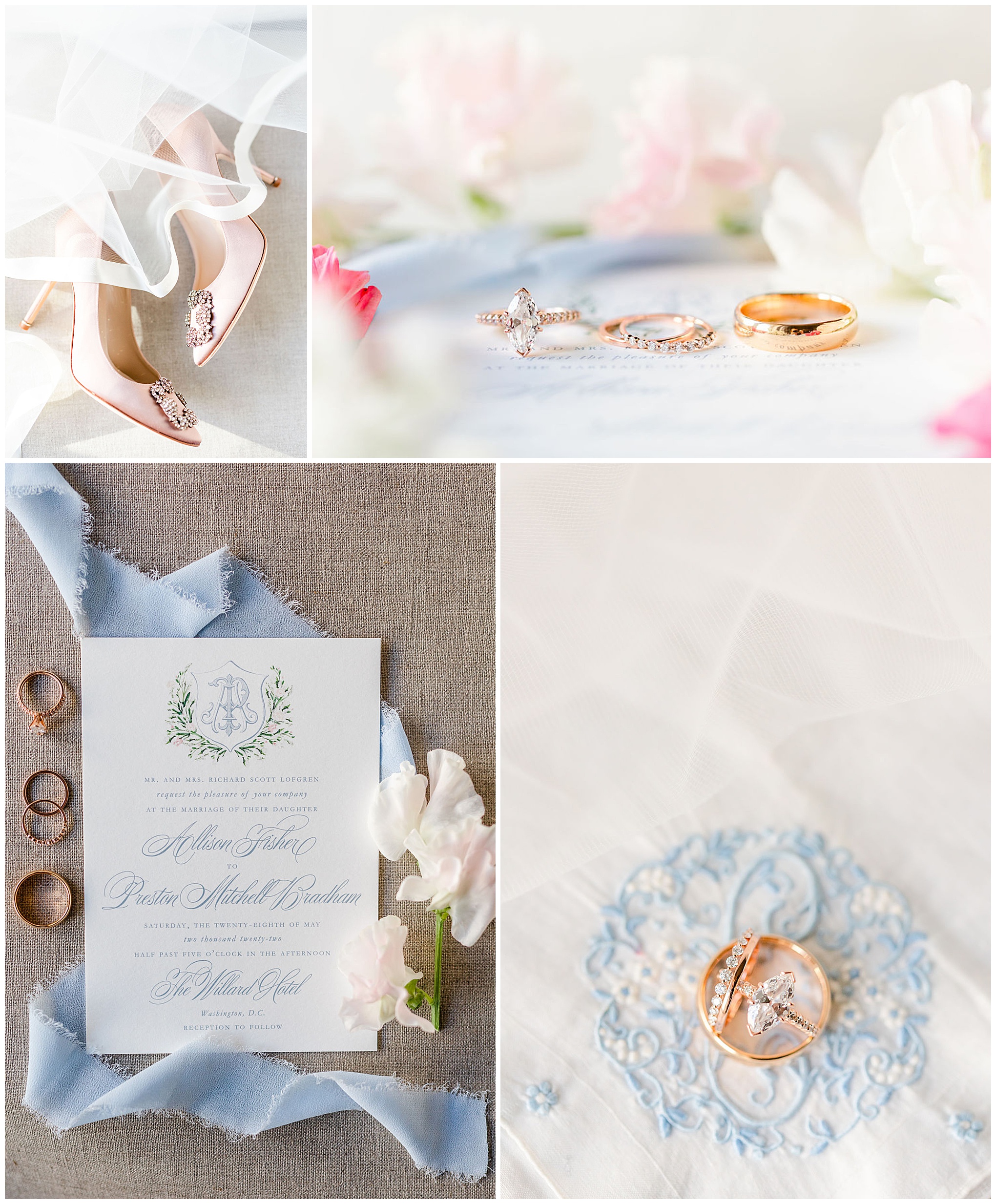 bridal details photo session, bridal details flatlay, flatlay photos, wedding details, wedding details photos, DC wedding photographer, wedding photography details, special wedding photos, flatlay photo session, DC wedding photographer, Rachel E.H. Photography, gold wedding rings on baby blue lace, blue ribbon, baby pink wedding shoes