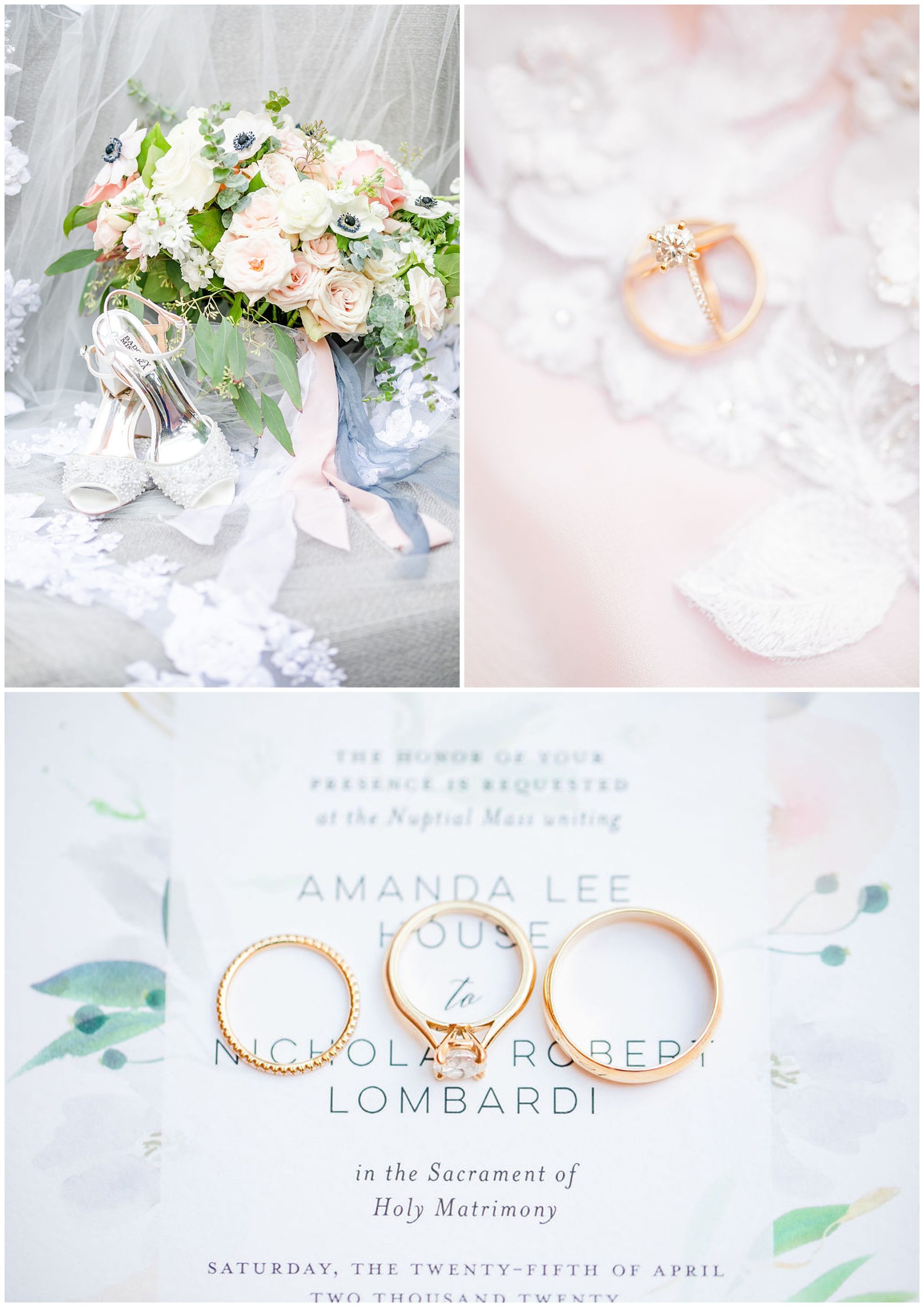 bridal details photo session, bridal details flatlay, flatlay photos, wedding details, wedding details photos, DC wedding photographer, wedding photography details, special wedding photos, flatlay photo session, DC wedding photographer, Rachel E.H. Photography, green pink white and blue bouquet, silver wedding shoes