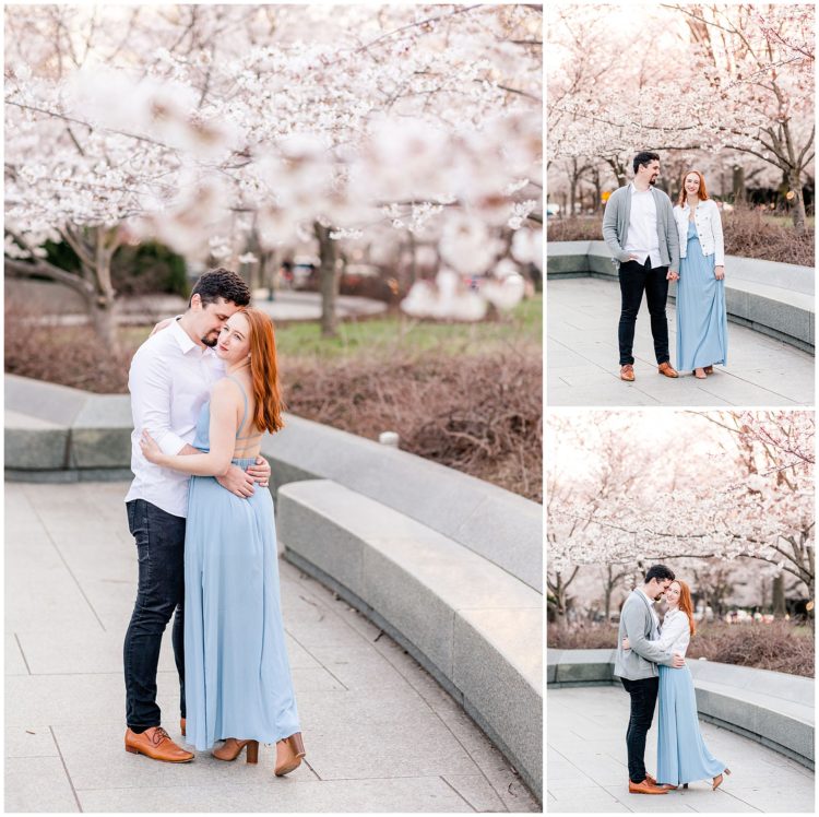 peak bloom cherry blossoms engagement, cherry blossoms engagement photos, DC peak bloom cherry blossoms, DC cherry blossoms photography, DC cherry blossoms photographer, ethereal cherry blossoms photos, DC cherry blossoms, Rachel E.H. Photography, couple almost kissing, man resting forehead on side of womans cheek, couple holding hands, white button down