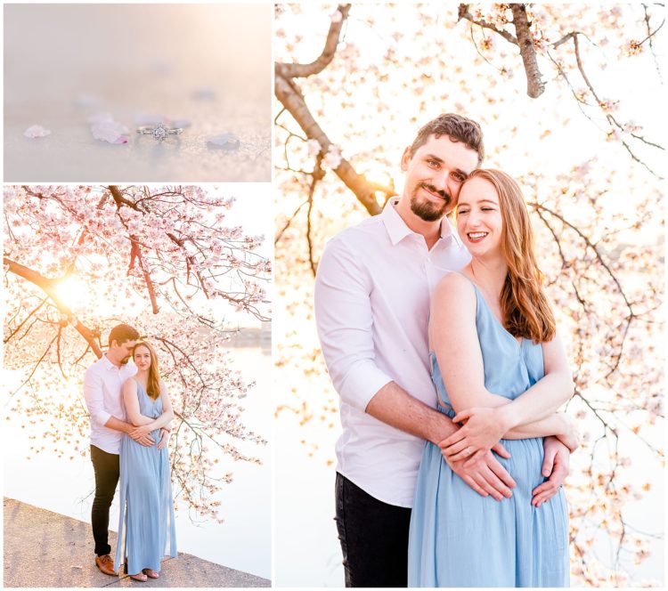 peak bloom cherry blossoms engagement, cherry blossoms engagement photos, DC peak bloom cherry blossoms, DC cherry blossoms photography, DC cherry blossoms photographer, ethereal cherry blossoms photos, DC cherry blossoms, Rachel E.H. Photography, engagement ring surrounded by cherry blossom petals, man hugging woman from behind, couple in front of sunset