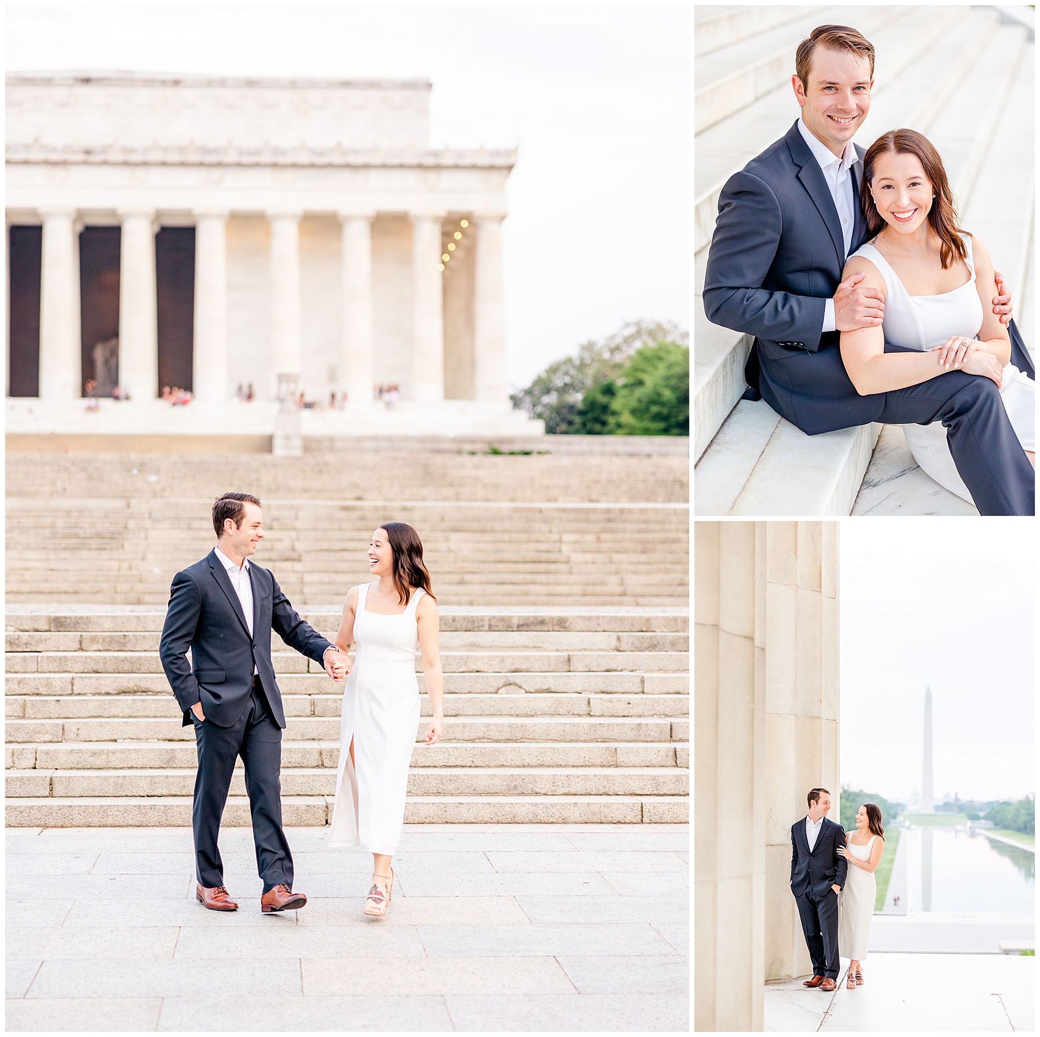 pink sunrise Lincoln Memorial engagement, DC engagement session, DC engagement photographer, formal DC engagement photos, DC elopement photographer, DC wedding photographer, classic DC engagement photos, luxury DC engagement photographer, Rachel E.H. Photography, man sitting on stairs, couple sitting on stairs, couple holding hands