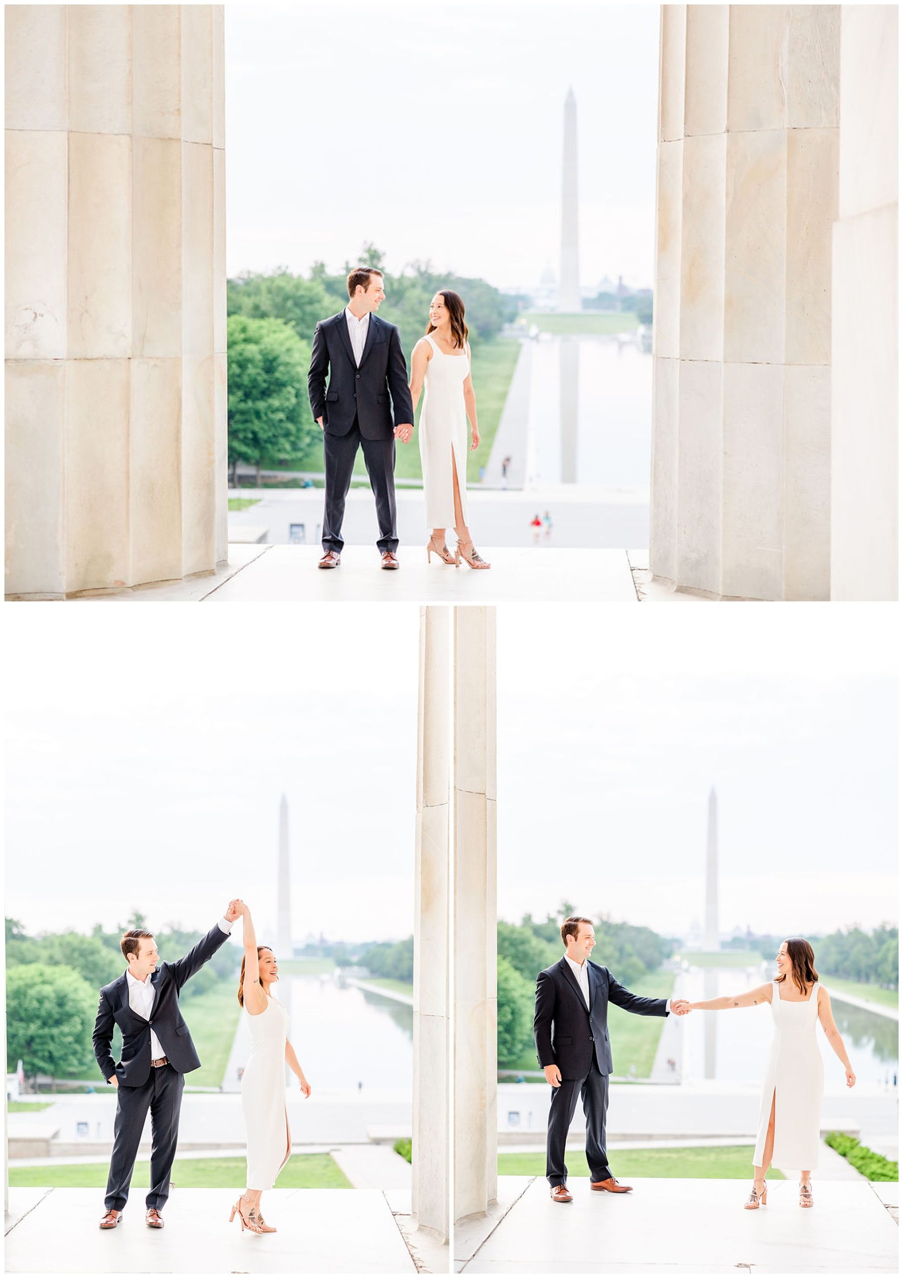 pink sunrise Lincoln Memorial engagement, DC engagement session, DC engagement photographer, formal DC engagement photos, DC elopement photographer, DC wedding photographer, classic DC engagement photos, luxury DC engagement photographer, Rachel E.H. Photography, man twirling woman, couple looking at each other