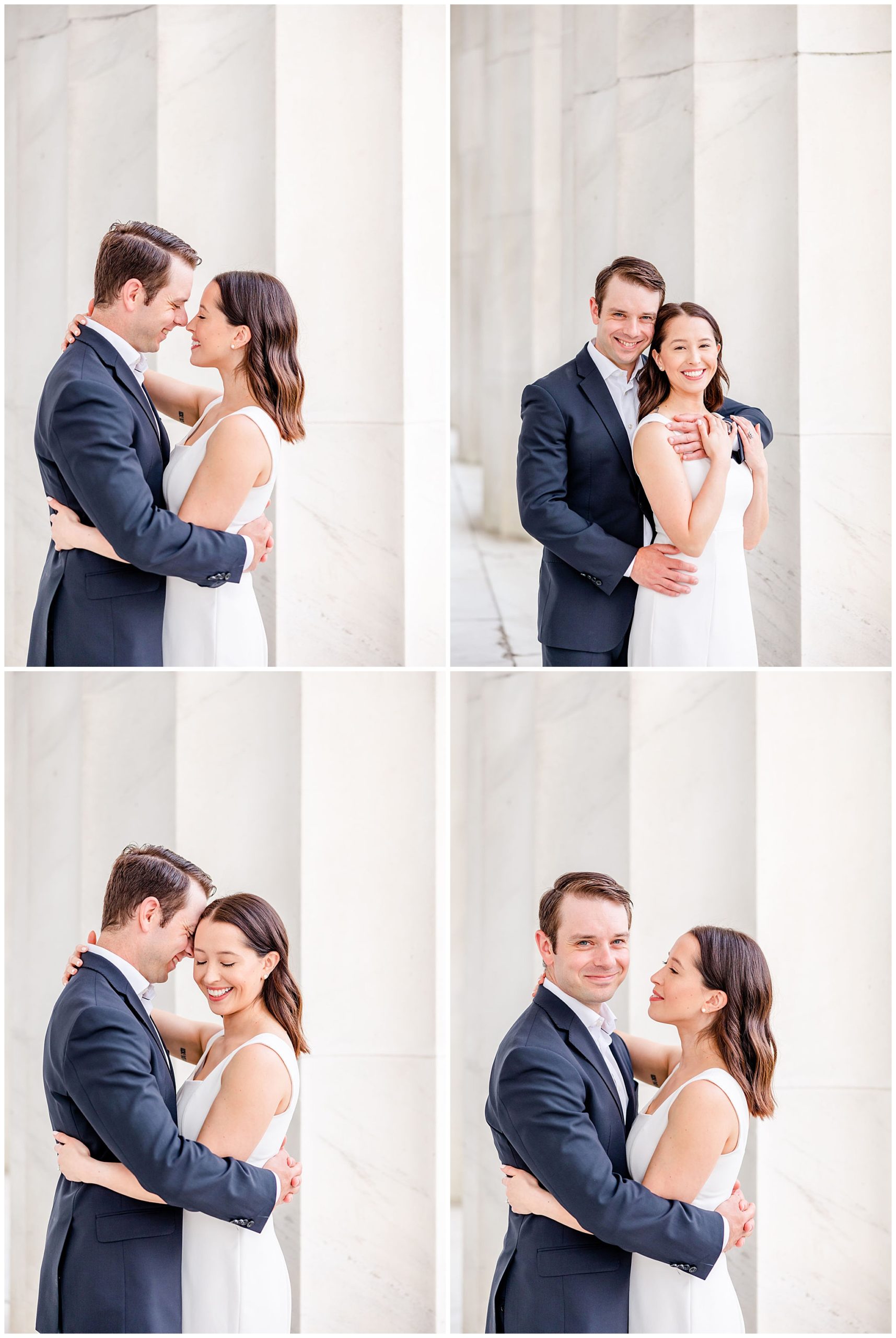 pink sunrise Lincoln Memorial engagement, DC engagement session, DC engagement photographer, formal DC engagement photos, DC elopement photographer, DC wedding photographer, classic DC engagement photos, luxury DC engagement photographer, Rachel E.H. Photography, man hugging woman from behind, couple holding each other 