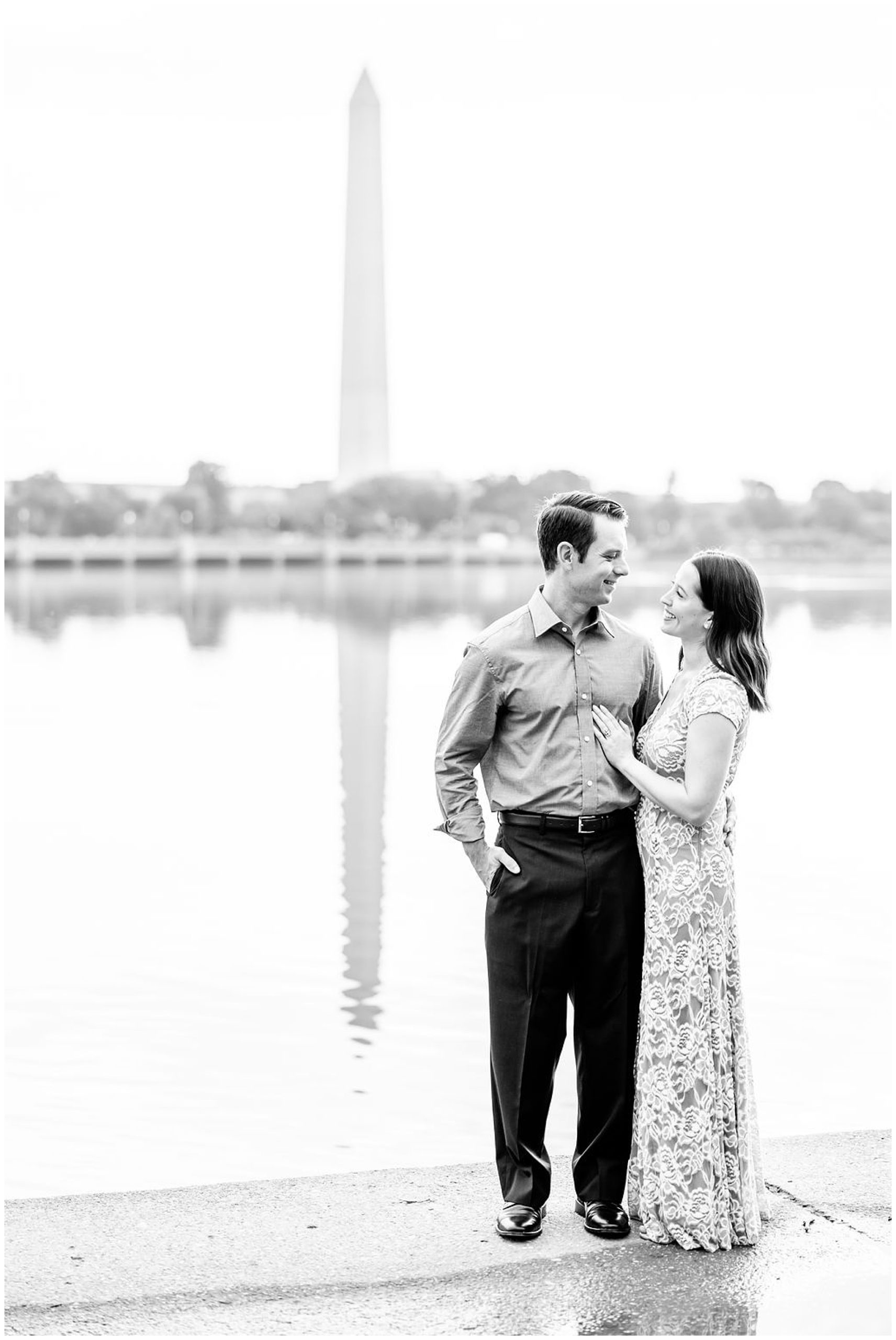 pink sunrise Lincoln Memorial engagement, DC engagement session, DC engagement photographer, formal DC engagement photos, DC elopement photographer, DC wedding photographer, classic DC engagement photos, luxury DC engagement photographer, Rachel E.H. Photography, black and white, woman's hand on mans chest, couple looking at each other