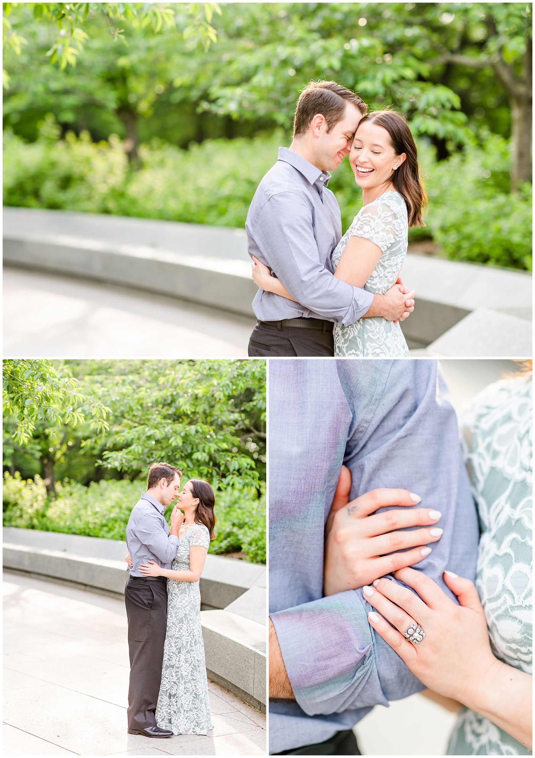 pink sunrise Lincoln Memorial engagement, DC engagement session, DC engagement photographer, formal DC engagement photos, DC elopement photographer, DC wedding photographer, classic DC engagement photos, luxury DC engagement photographer, Rachel E.H. Photography, man holding woman's chin, blue lace dress, woman smiling